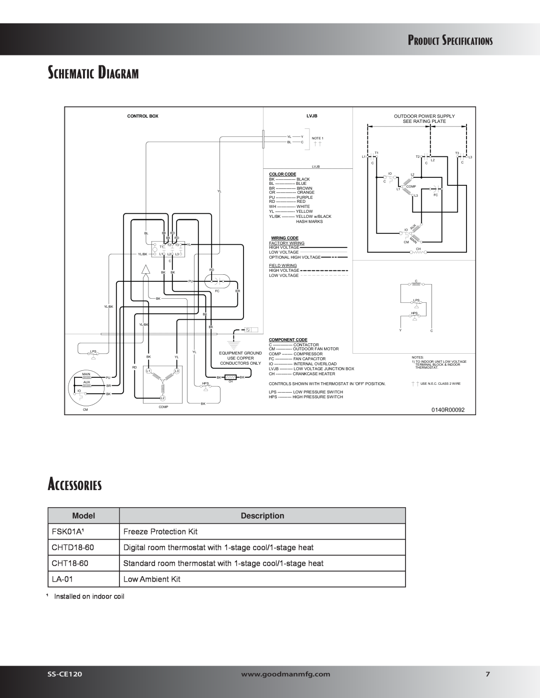 Goodman Mfg CE COMMERCIAL SPLIT SYSTEM AIR CONDITIONER Schematic Diagram, Accessories, Product Specifications, SS-CE120 