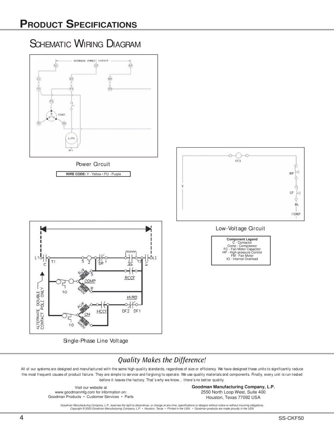 Goodman Mfg SS-CKF50 specifications Schematic Wiring Diagram, Power Circuit, Low-Voltage Circuit, Single-Phase Line Voltage 