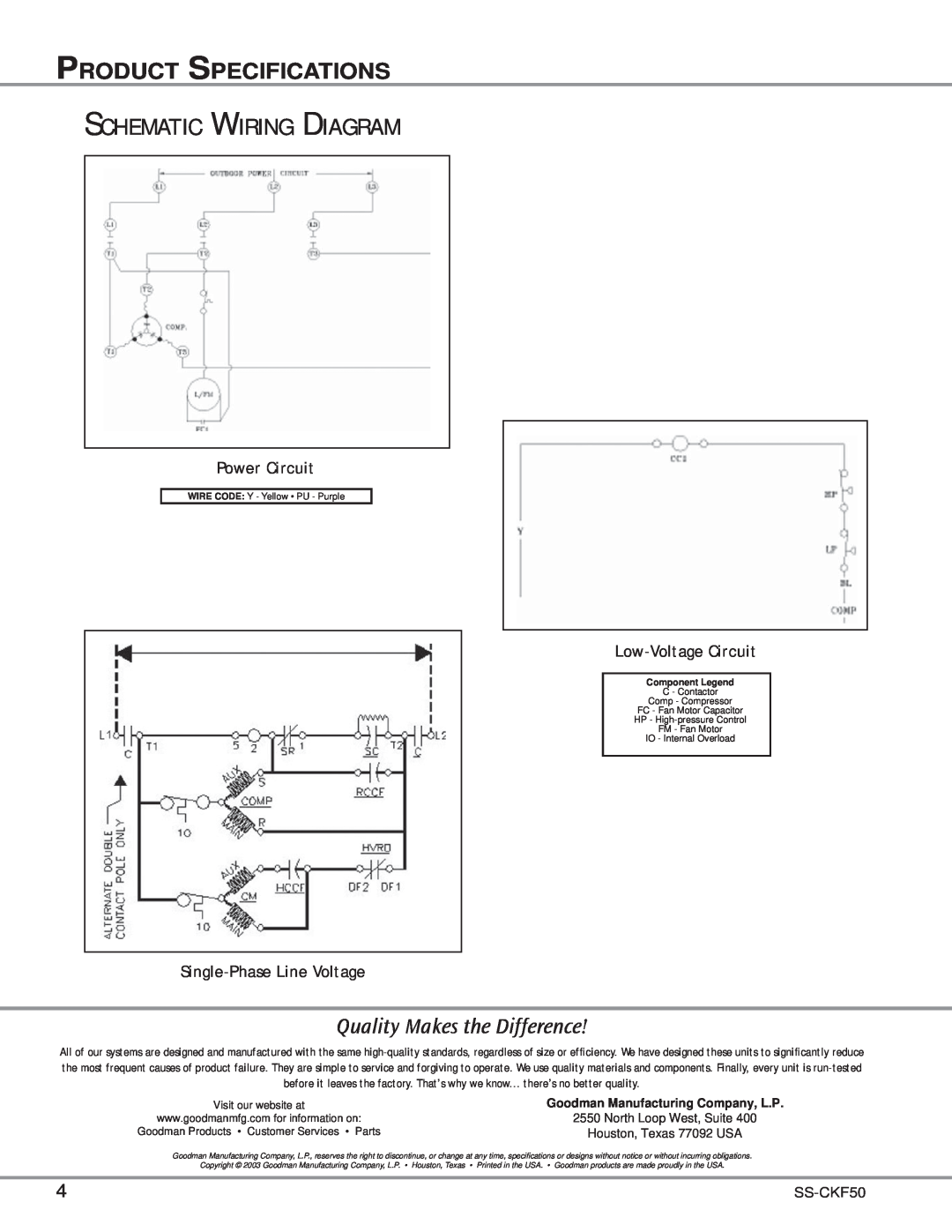 Goodman Mfg SS-CKF50 specifications Schematic Wiring Diagram, Power Circuit, Low-VoltageCircuit, Single-PhaseLine Voltage 