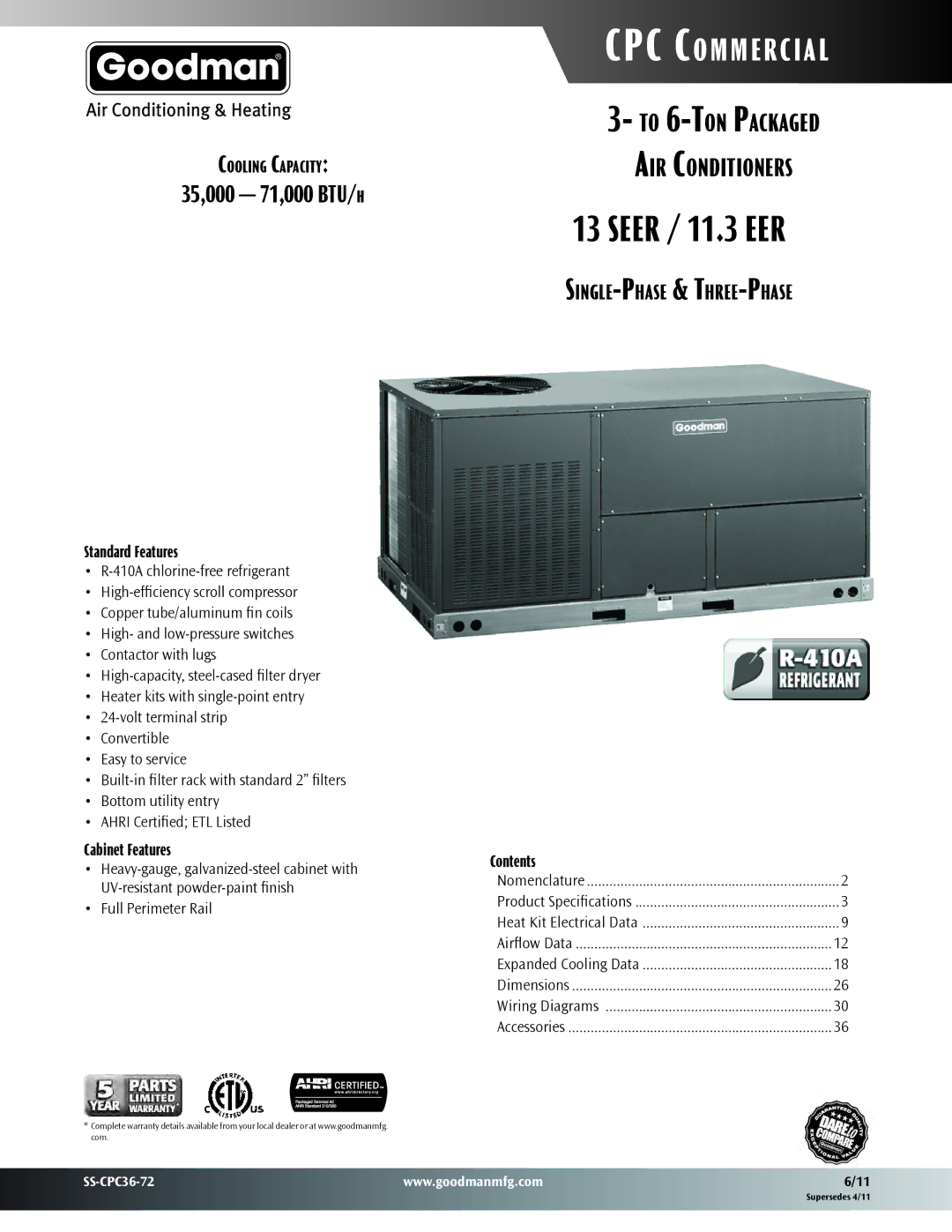 Goodman Mfg SS-CPC36-72 dimensions 35,000 71,000 BTU/h, Standard Features 