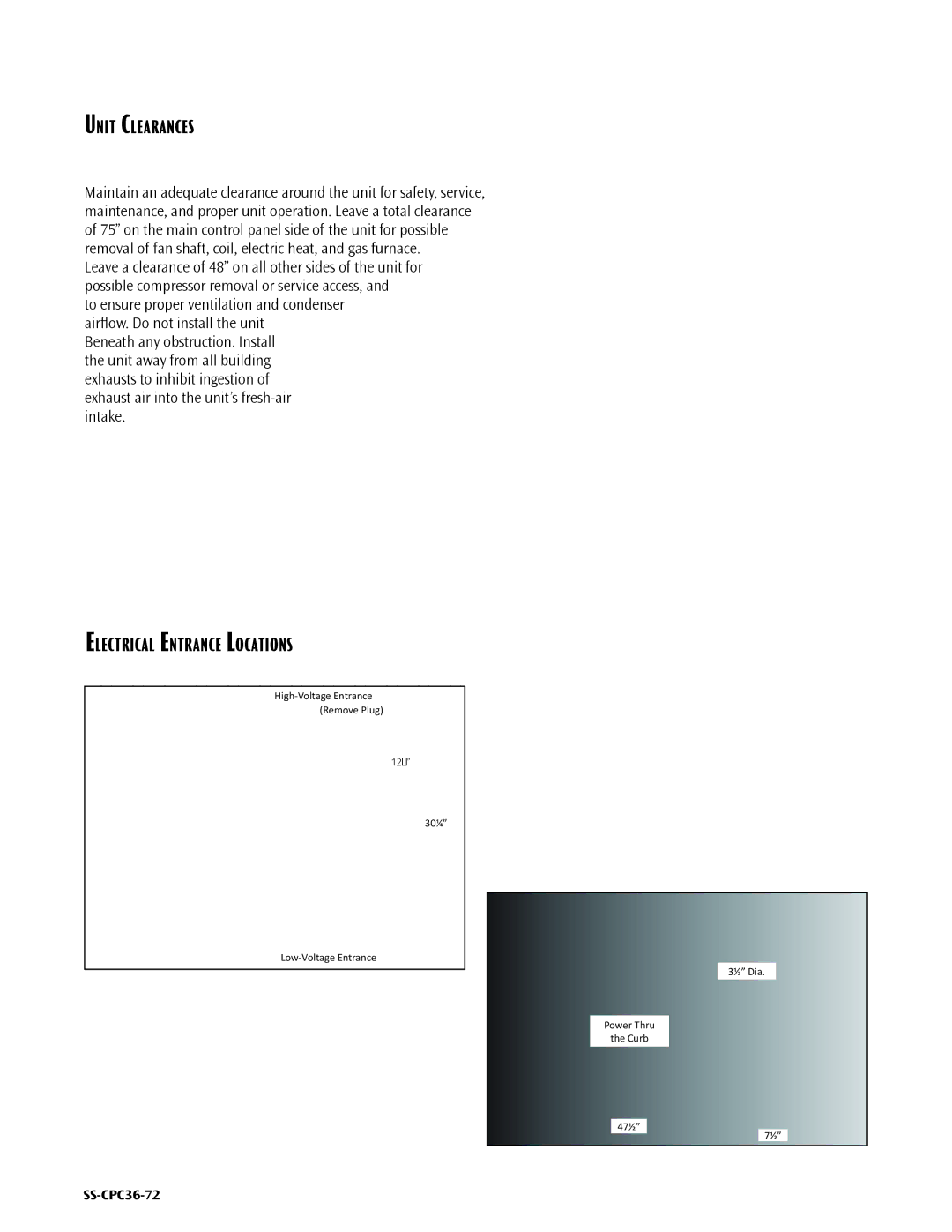 Goodman Mfg SS-CPC36-72 dimensions Unit Clearances, Electrical Entrance Locations 