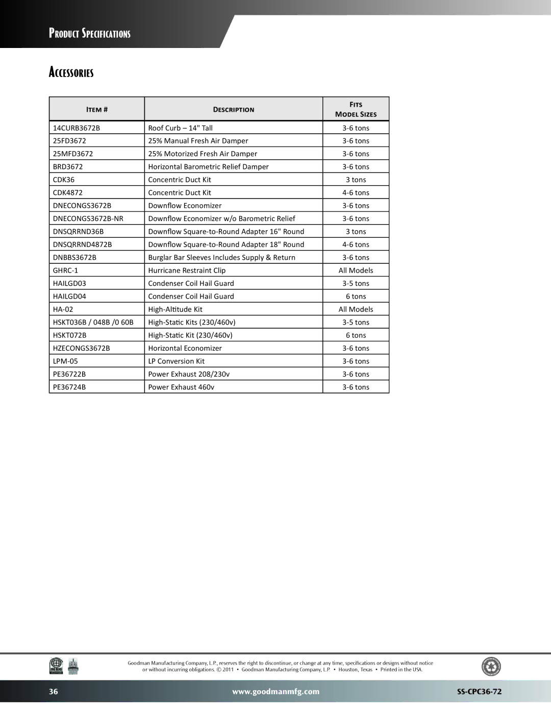 Goodman Mfg SS-CPC36-72 dimensions Accessories, Item # Description Fits Model Sizes 