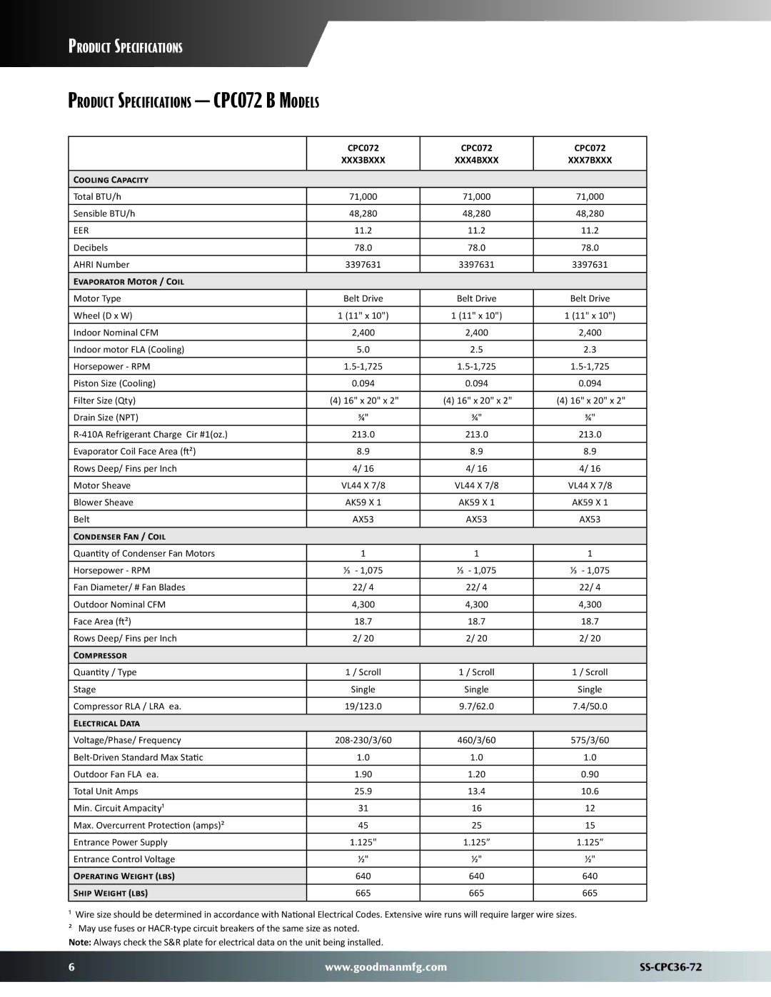 Goodman Mfg SS-CPC36-72 dimensions Product Specifications CPC072 B Models 