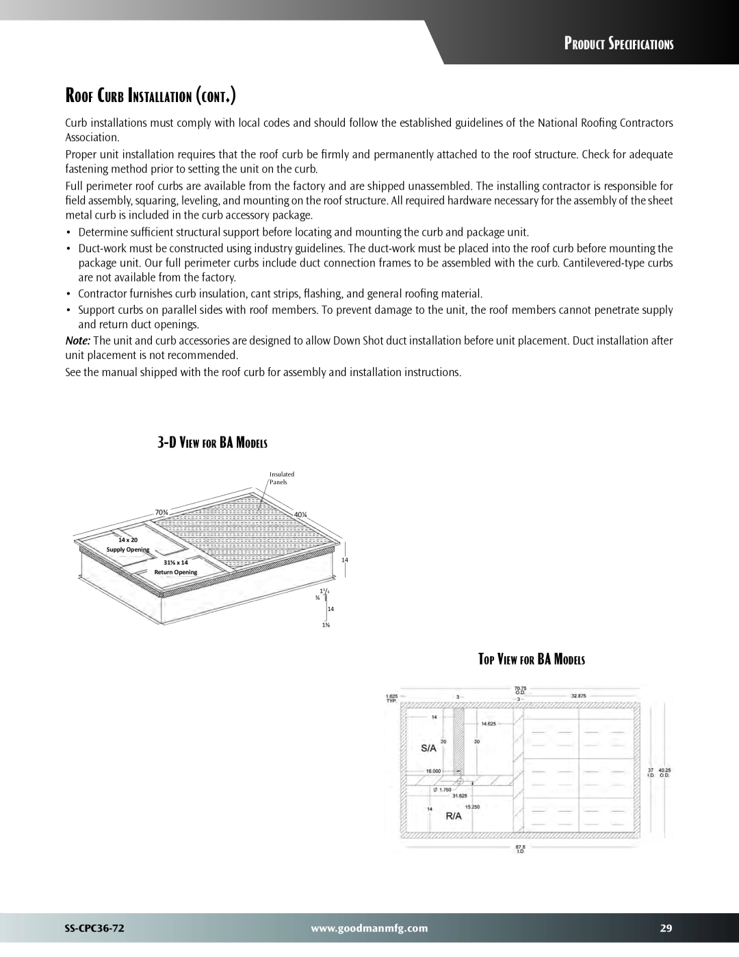 Goodman Mfg SS-CPC36-72 Roof Curb Installation cont, Product Specifications, DView for BA Models, Top View for BA Models 