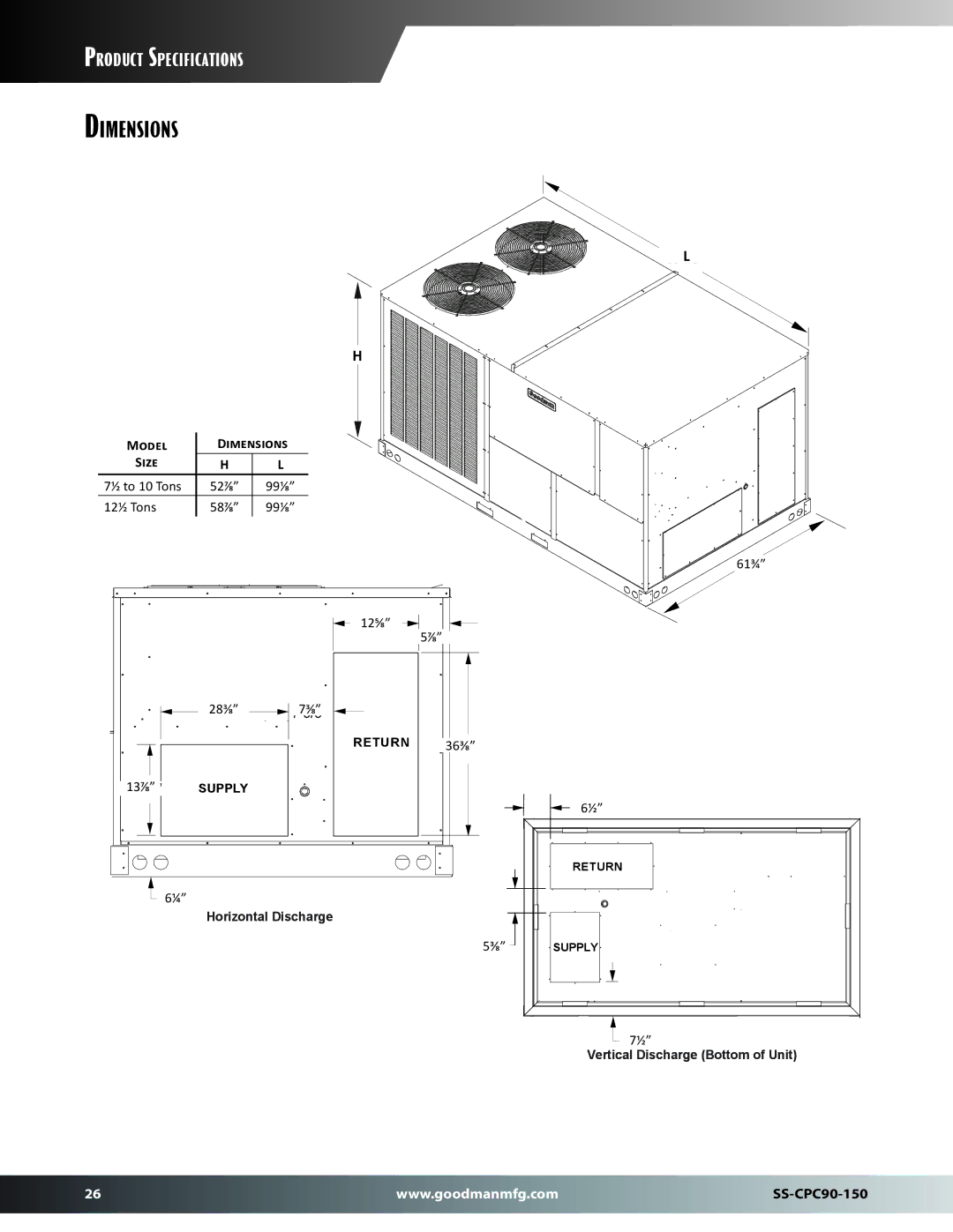 Goodman Mfg SS-CPC90-150 dimensions Model Dimensions, Size 