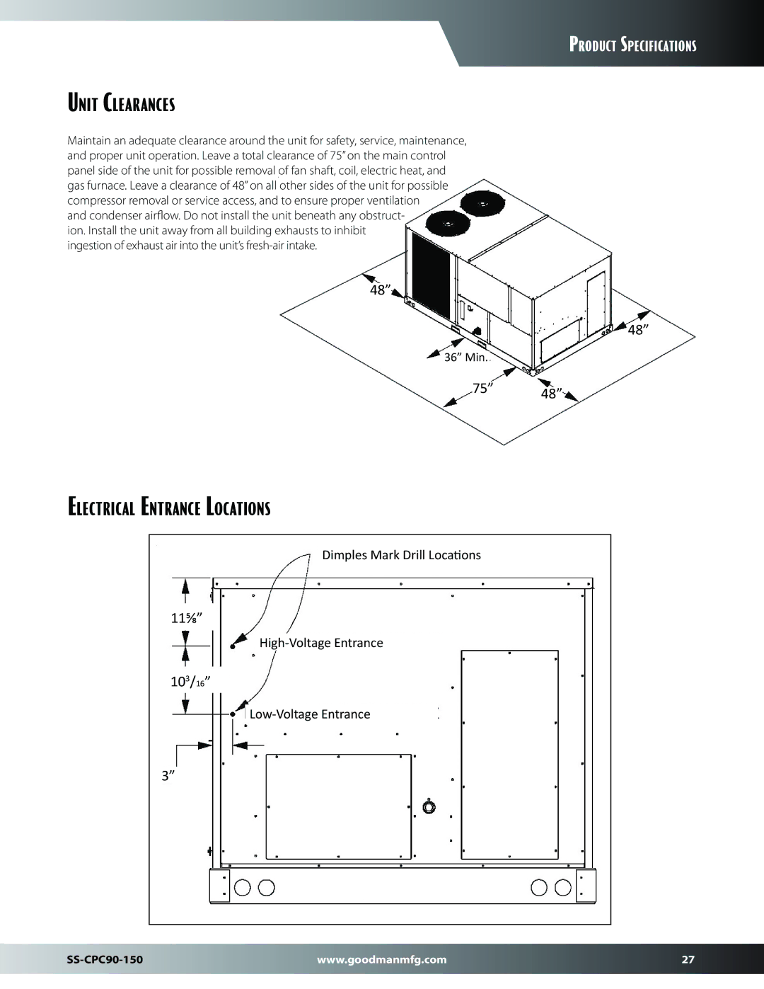 Goodman Mfg SS-CPC90-150 dimensions Unit Clearances, Electrical Entrance Locations 