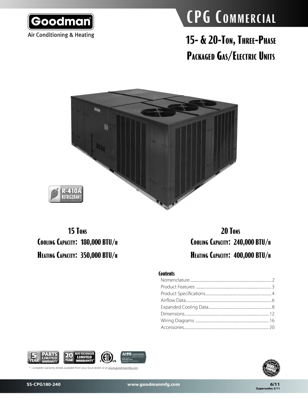 Goodman Mfg SS-CPG180-240 dimensions CPG Commercial 