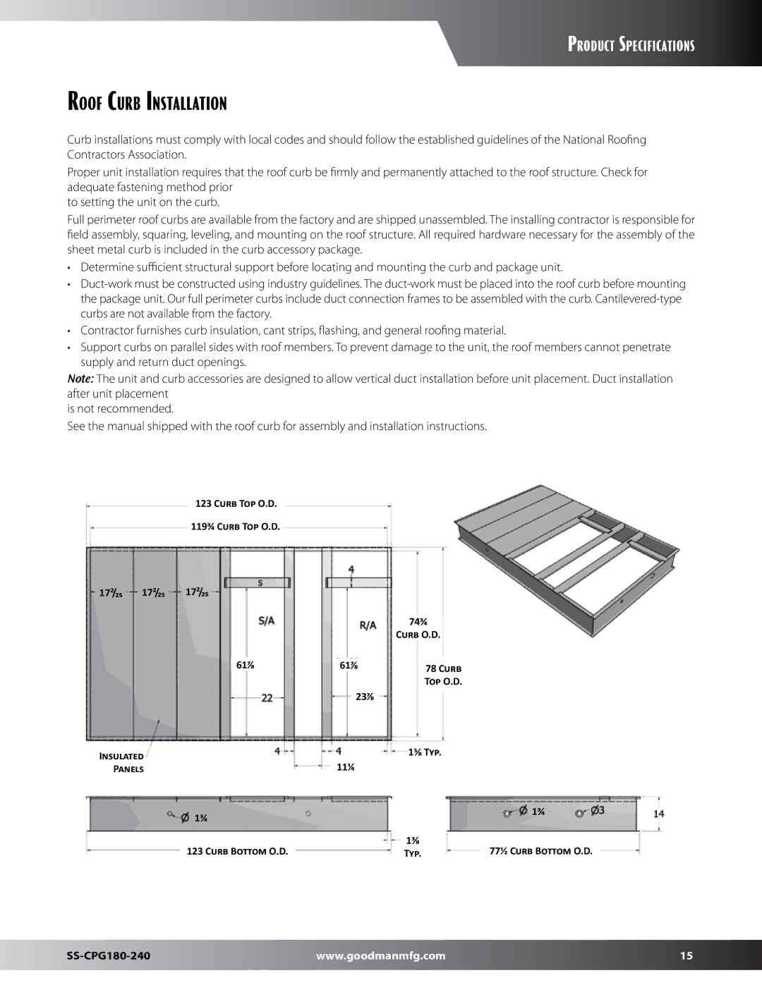 Goodman Mfg SS-CPG180-240 dimensions Roof Curb Installation, Curb Top O.D 119¾ Curb Top O.D 17²/₂₅, 77½ Curb Bottom O.D 