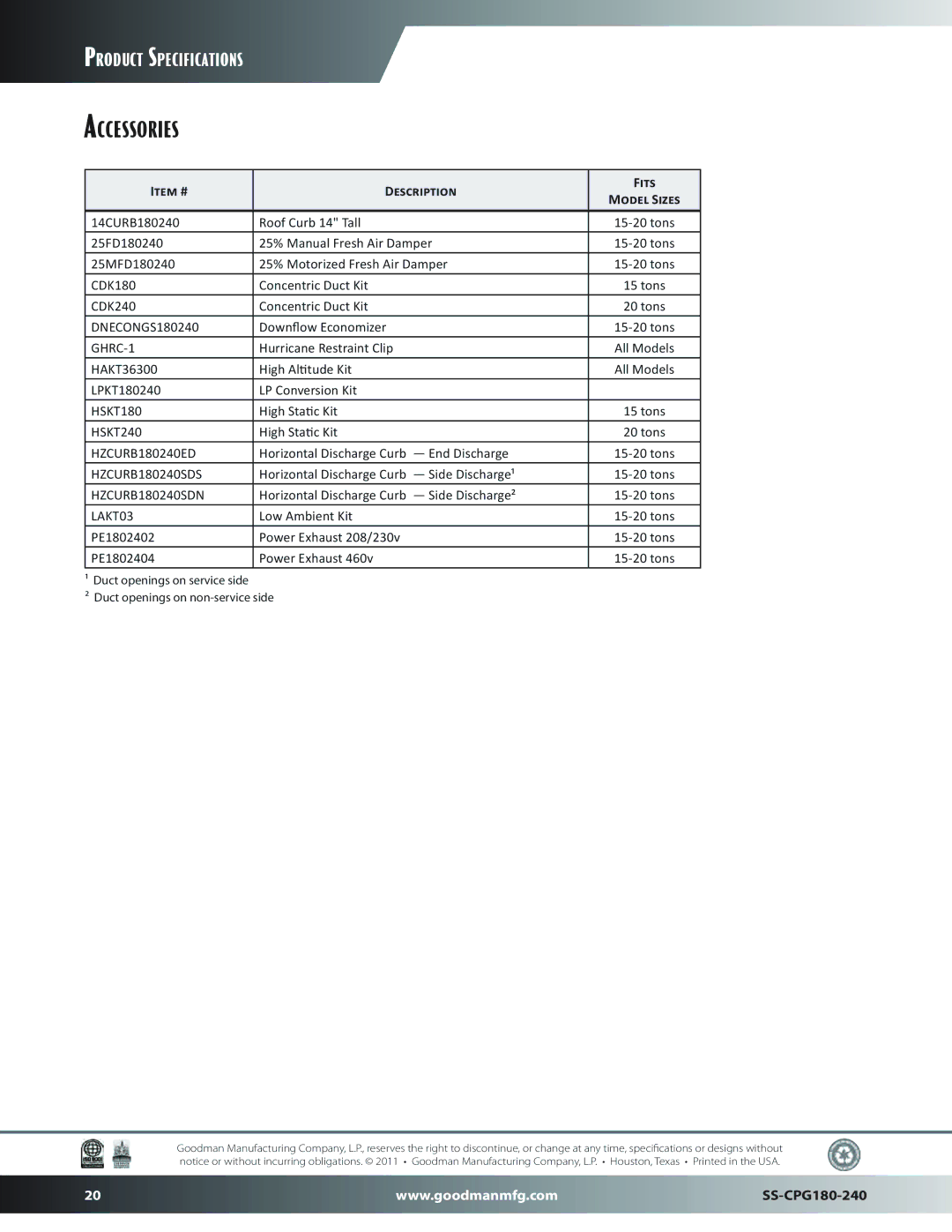 Goodman Mfg SS-CPG180-240 dimensions Accessories, Item # Description Fits Model Sizes, All Models 