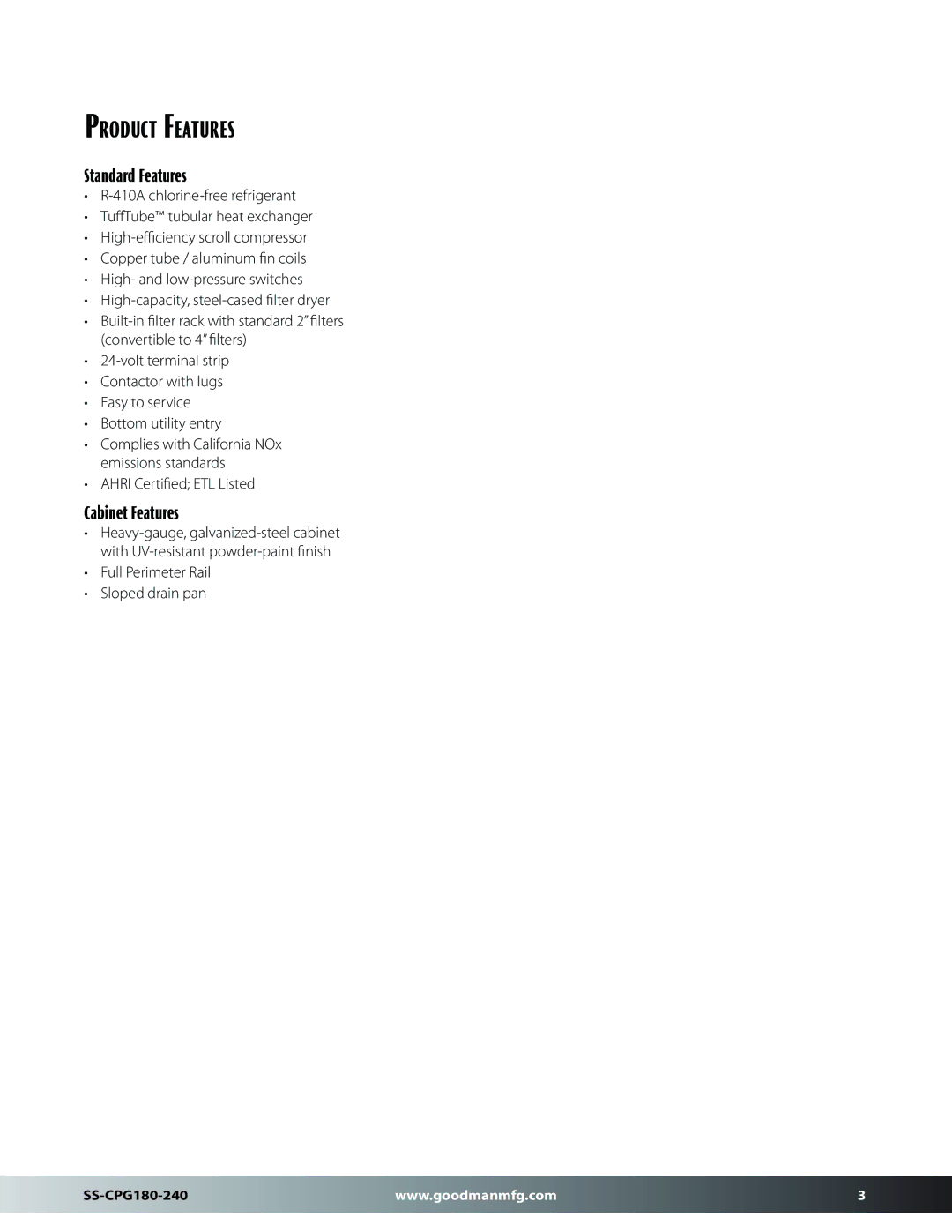 Goodman Mfg SS-CPG180-240 dimensions Product Features, Standard Features 