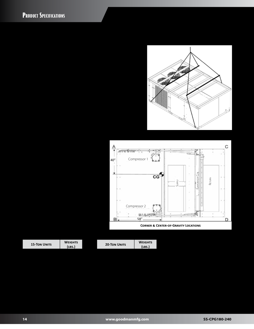 Goodman Mfg SS-CPG180-240 dimensions Roof Curb Installation - Rigging, Product Specifications 