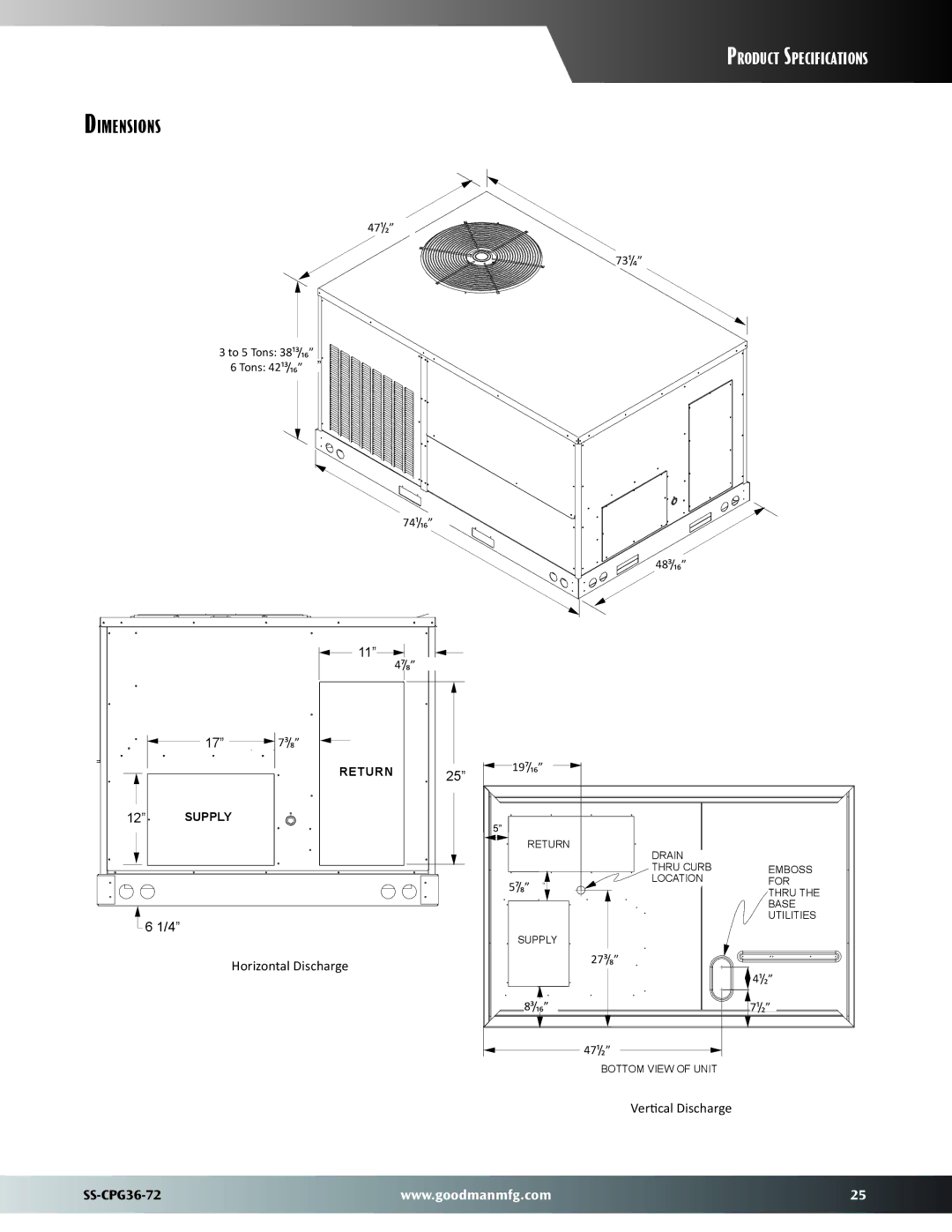 Goodman Mfg SS-CPG36-72 warranty Dimensions 