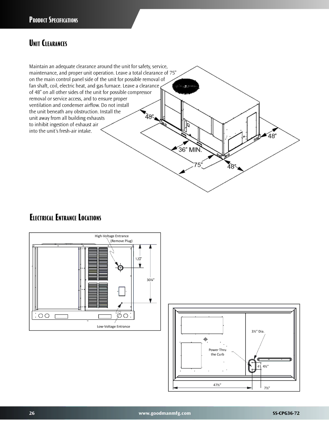 Goodman Mfg SS-CPG36-72 warranty Unit Clearances, Electrical Entrance Locations 