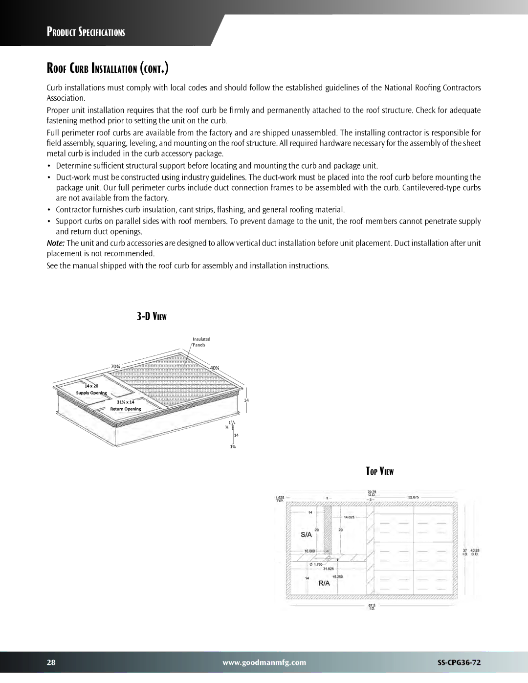 Goodman Mfg SS-CPG36-72 warranty Roof Curb Installation 