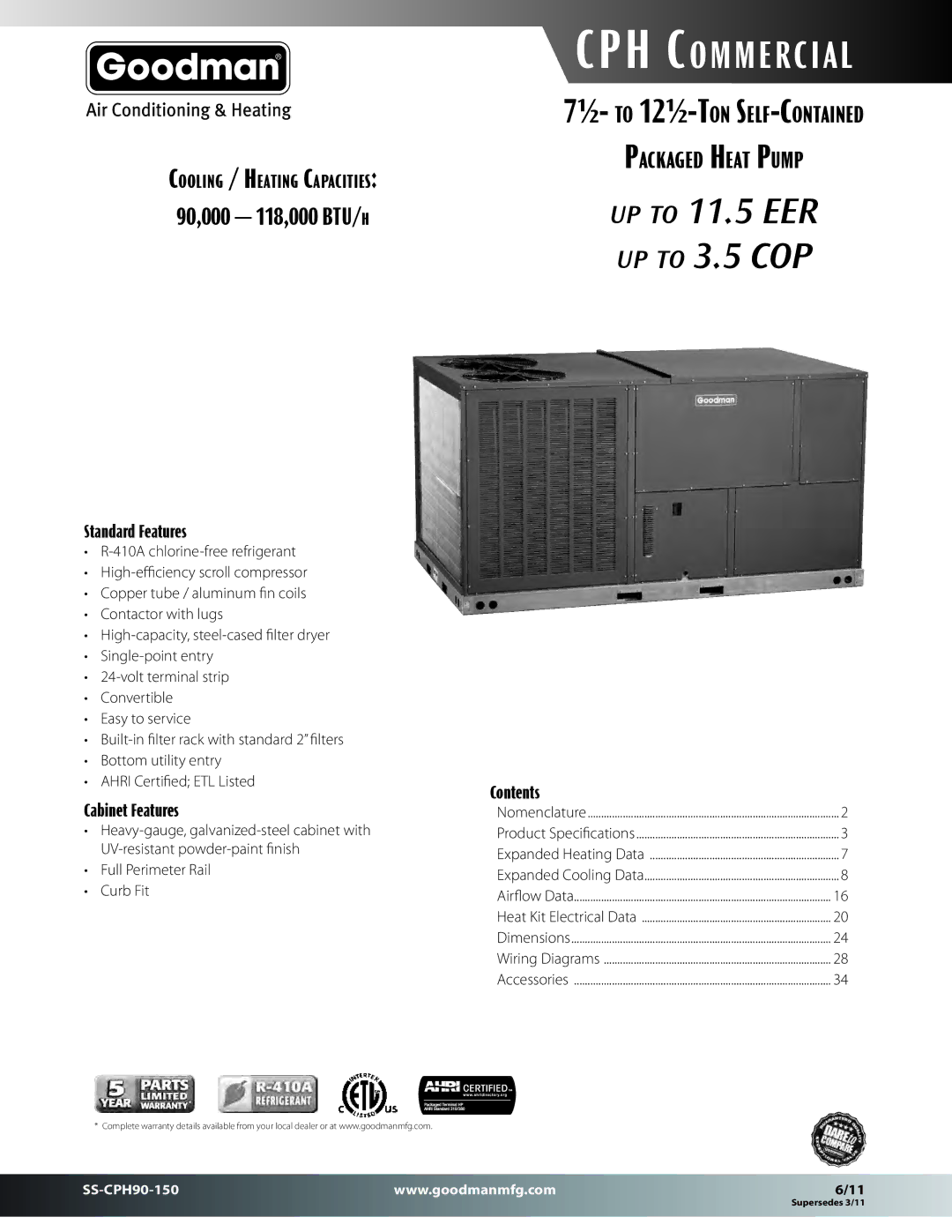 Goodman Mfg SS-CPH90-150 dimensions 90,000 118,000 BTU/h, Packaged Heat Pump 