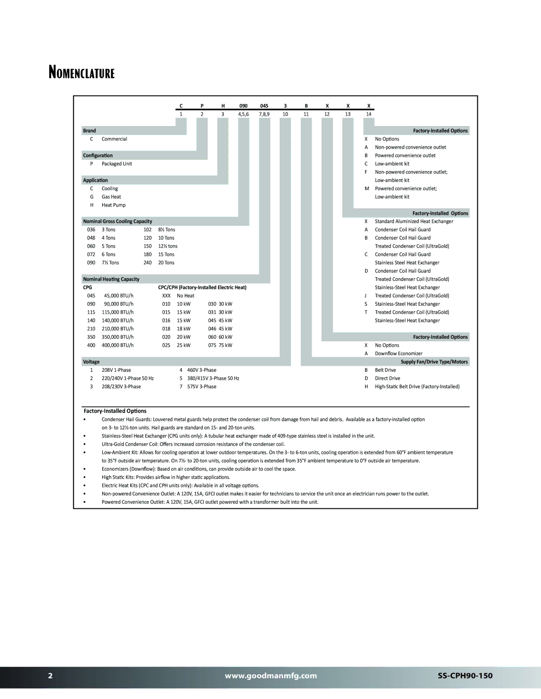 Goodman Mfg SS-CPH90-150 dimensions Nomenclature, Conﬁguraon 