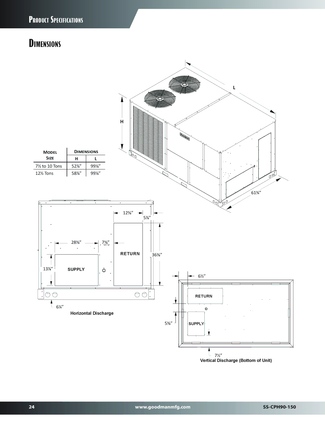 Goodman Mfg SS-CPH90-150 dimensions Model Dimensions Size 