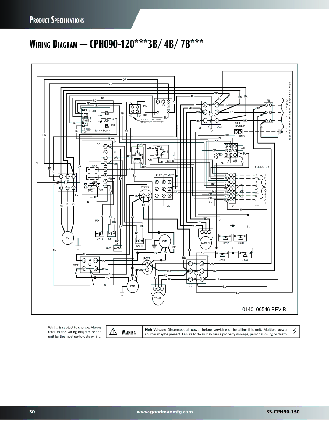 Goodman Mfg SS-CPH90-150 dimensions Wiring Diagram CPH090-120***3B/ 4B/ 7B 