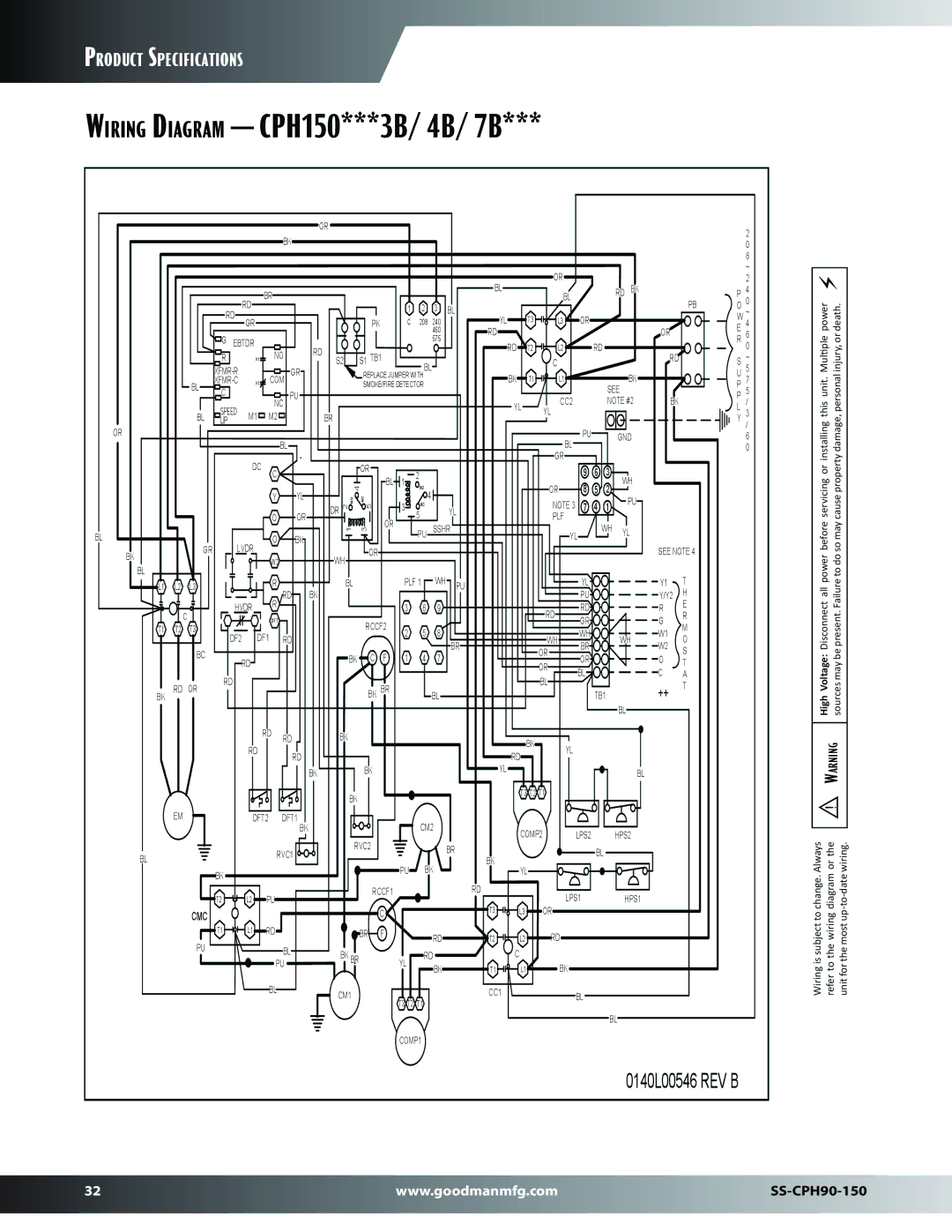 Goodman Mfg SS-CPH90-150 dimensions Wiring Diagram CPH150***3B/ 4B/ 7B 