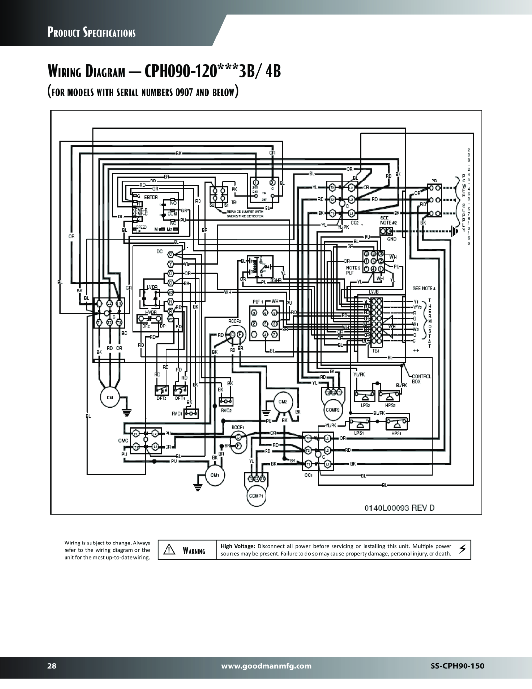 Goodman Mfg SS-CPH90-150 dimensions Wiring Diagram - CPH090-120***3B/4B, for models with serial numbers 0907 and below 