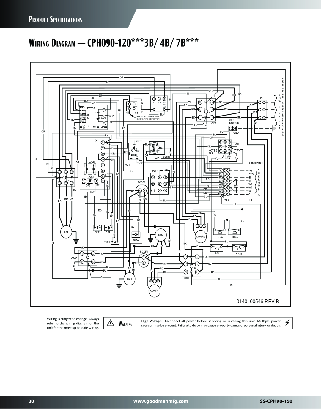 Goodman Mfg SS-CPH90-150 dimensions Wiring Diagram - CPH090-120***3B/4B/ 7B, Product Specifications, 0140L00546 REV B 