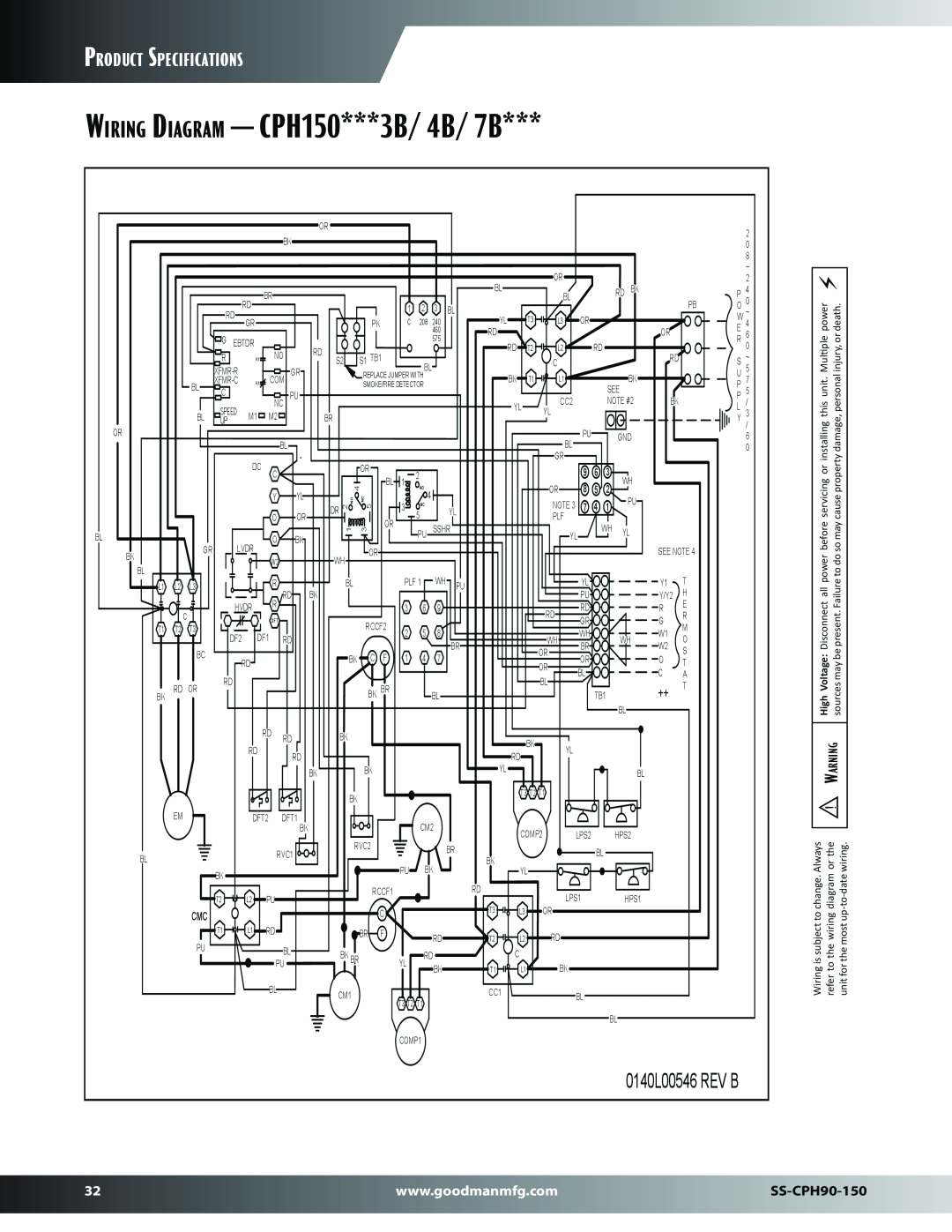 Goodman Mfg SS-CPH90-150 dimensions Wiring Diagram - CPH150***3B/ 4B/ 7B, Product Specifications, 0140L00546 REV B 