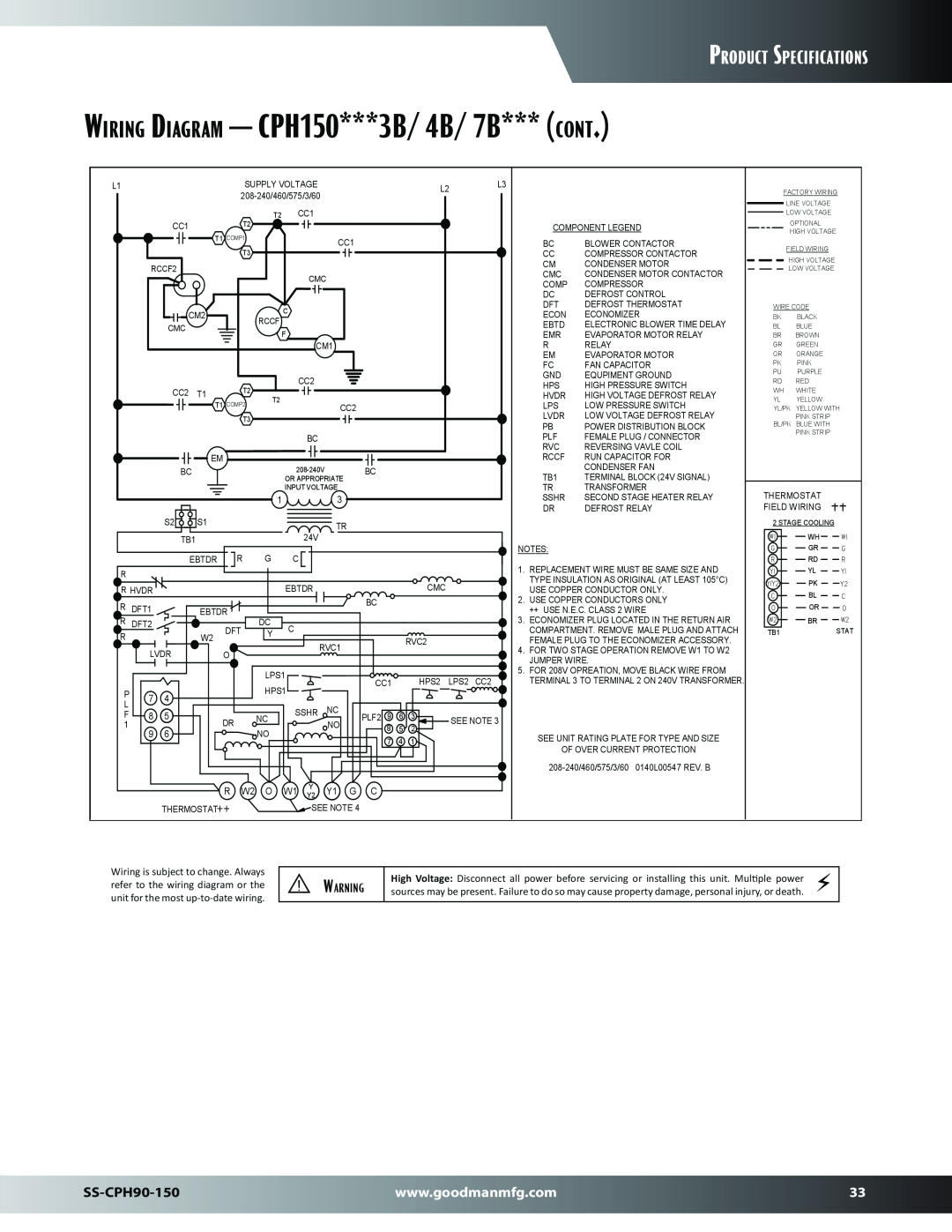 Goodman Mfg SS-CPH90-150 dimensions Wiring Diagram - CPH150***3B/ 4B/ 7B*** cont, Product Specifications 