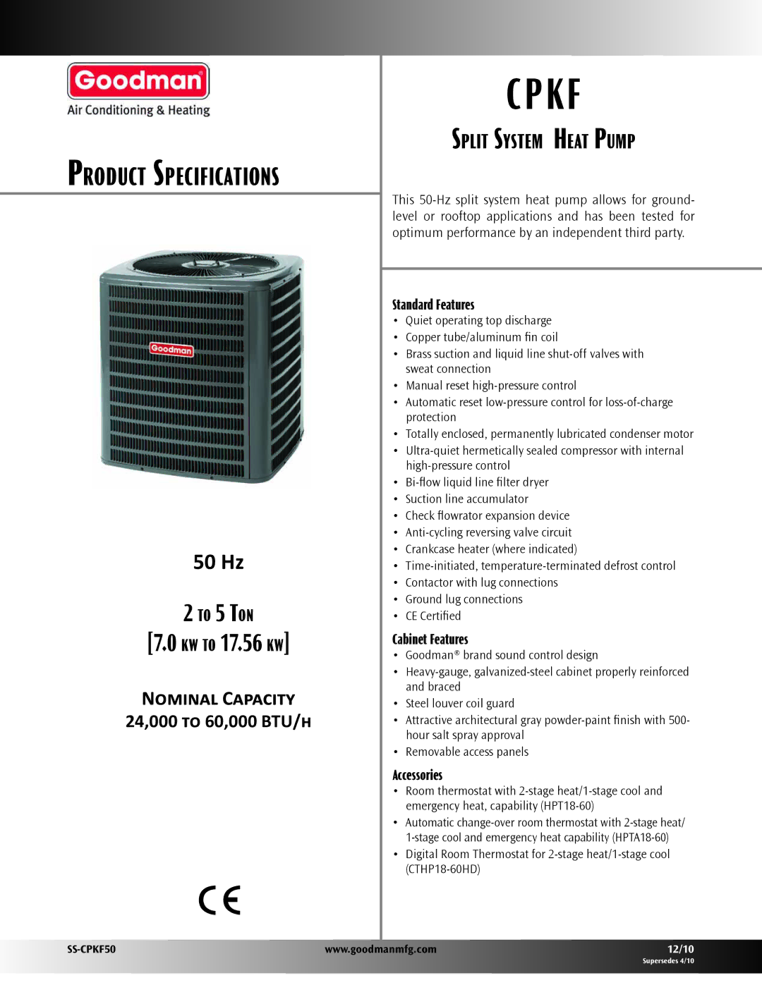 Goodman Mfg SS-CPKF50 specifications Cpkf 