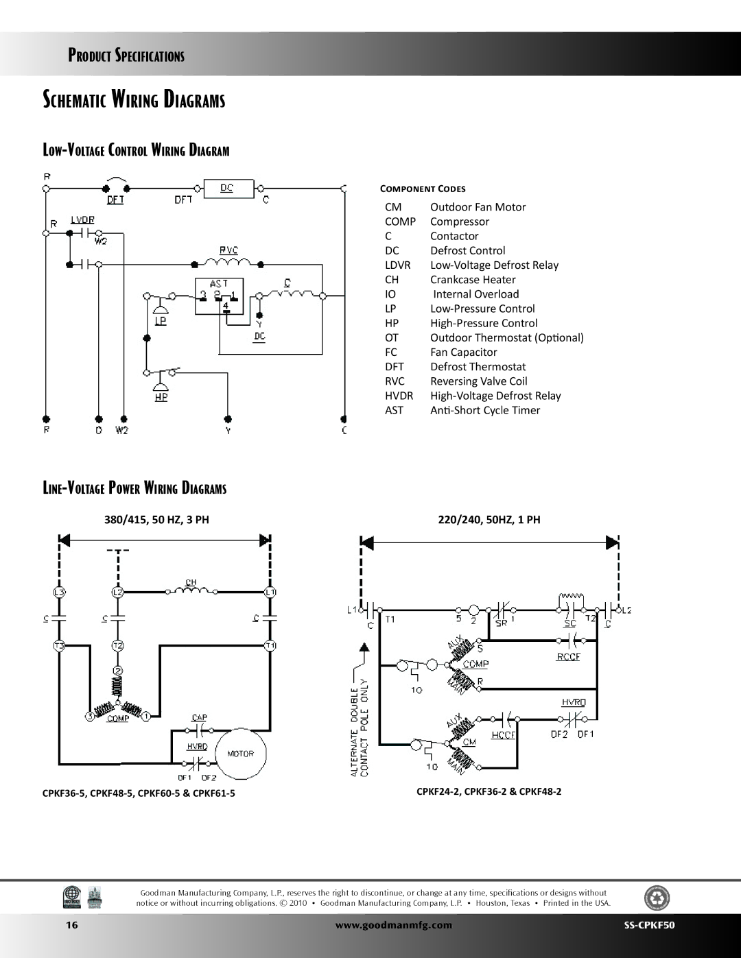 Goodman Mfg SS-CPKF50 specifications Schematic Wiring Diagrams, Low-Voltage Control Wiring Diagram 