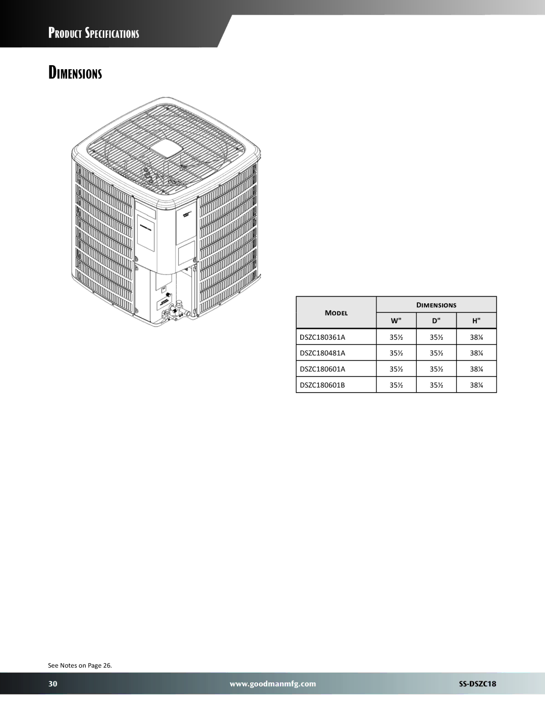 Goodman Mfg SS-DSZC18 dimensions Model Dimensions, 38¼ 