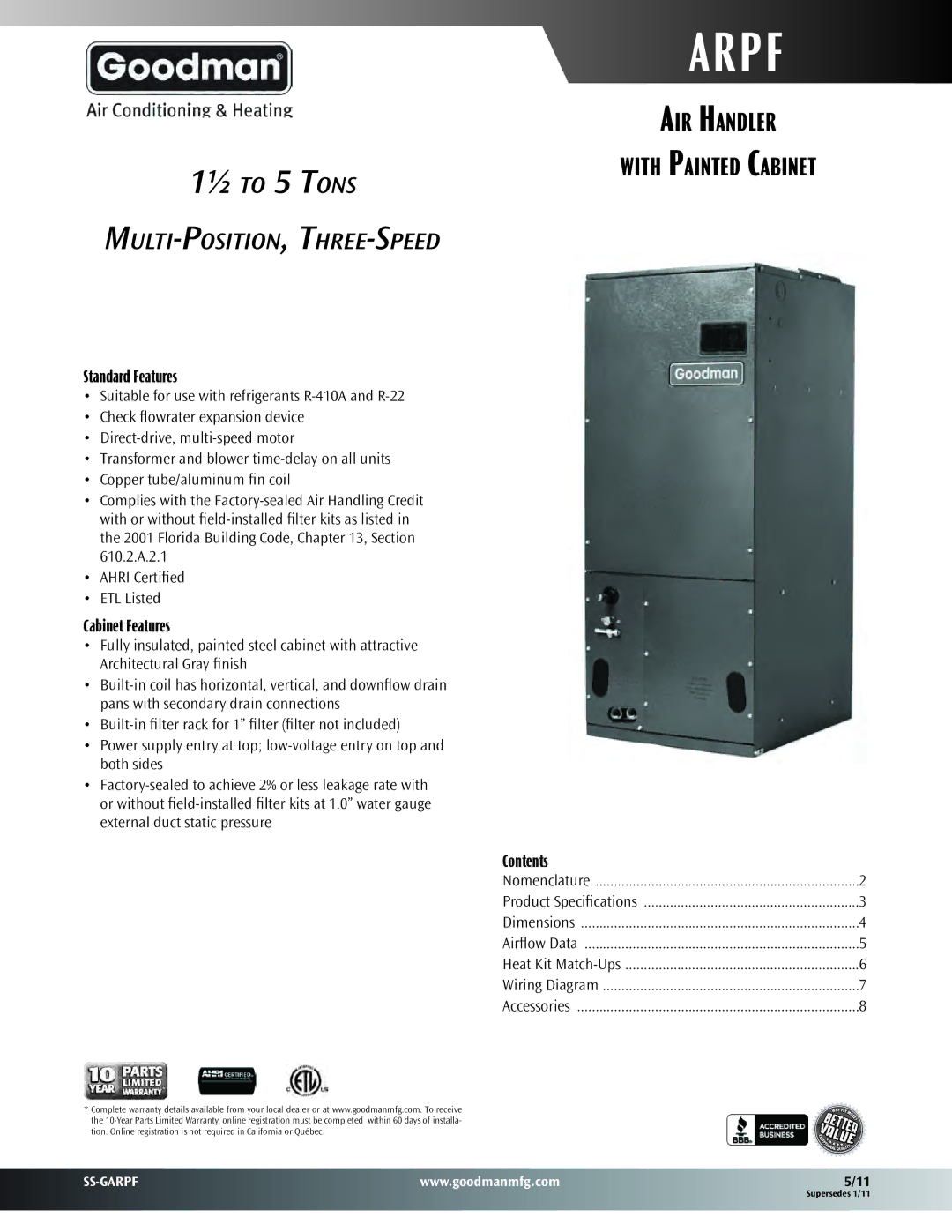 Goodman Mfg Air Handler with Painted Cabinet, SS-GARPF dimensions Standard Features, Cabinet Features, Contents 