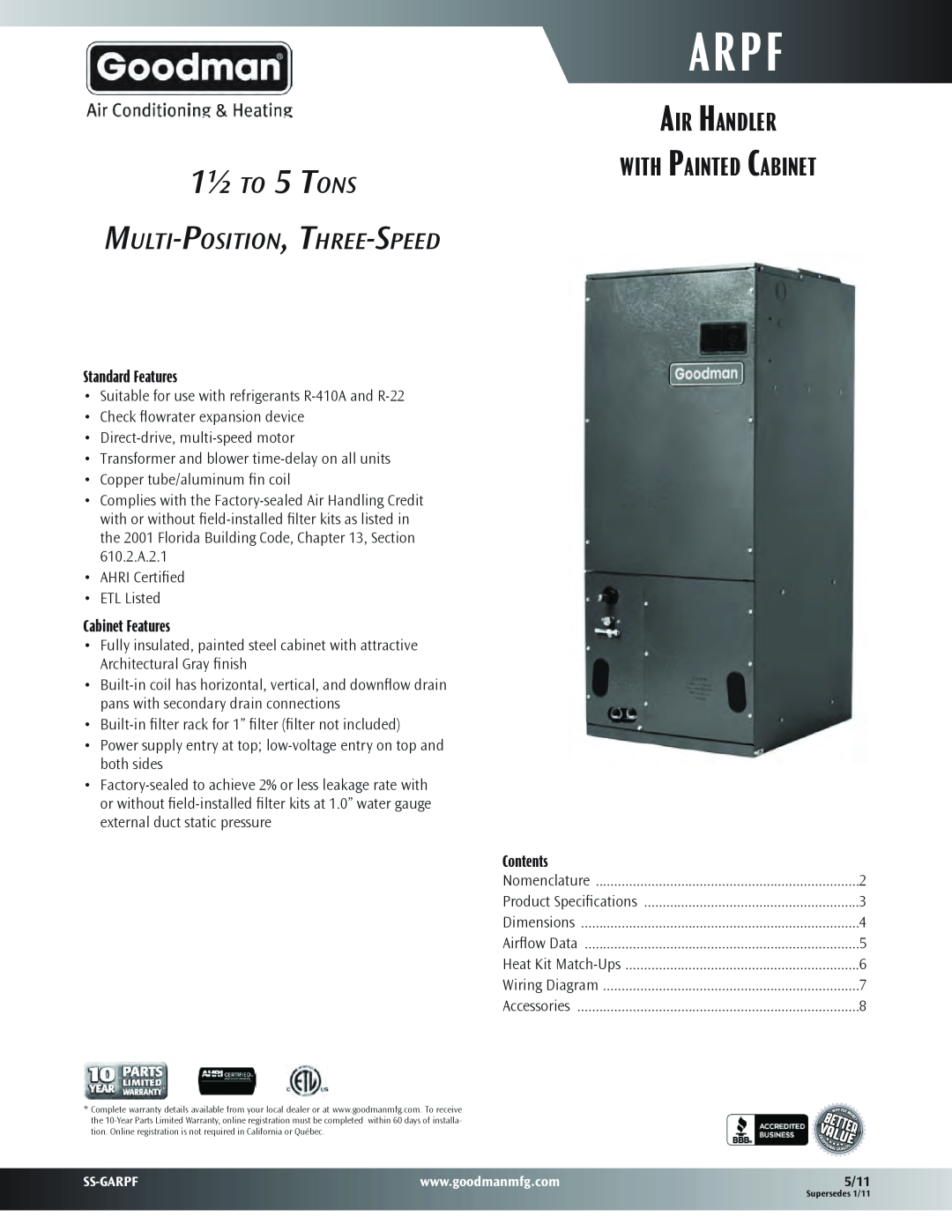 Goodman Mfg Air Handler with Painted Cabinet, SS-GARPF dimensions Standard Features, Cabinet Features, Contents, Arpf 