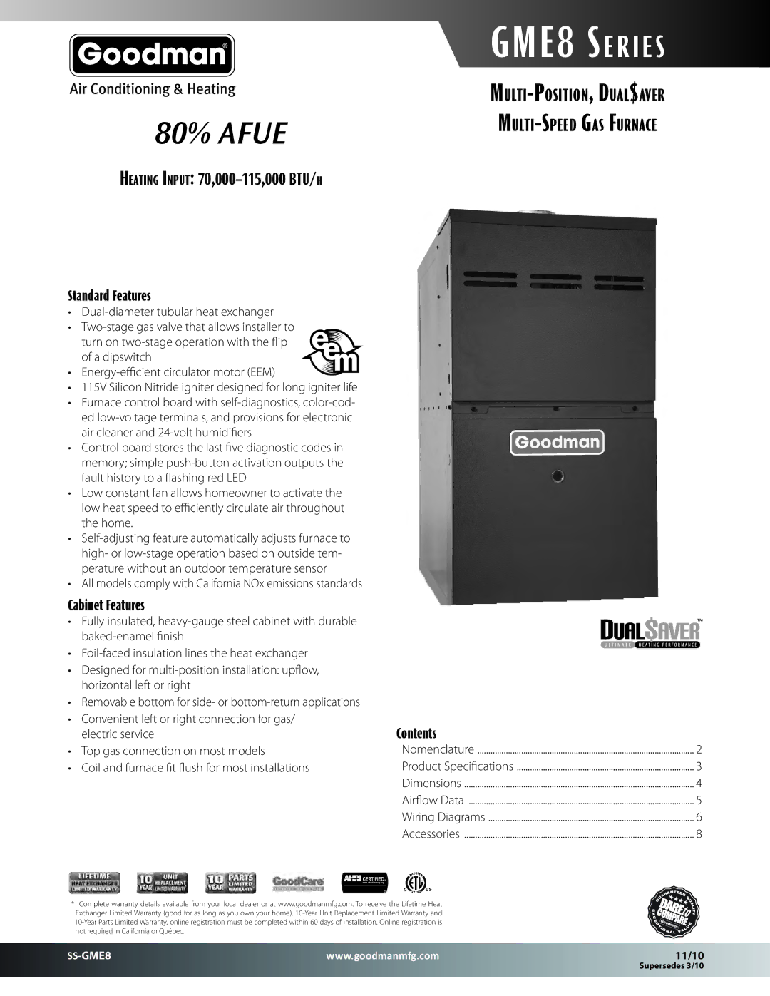 Goodman Mfg SS-GME8 dimensions 80% Afue, Multi-Position, Dual$aver Multi-Speed Gas Furnace 