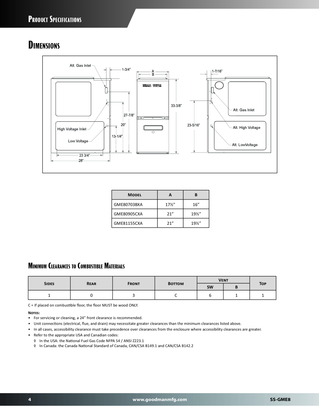 Goodman Mfg SS-GME8 Dimensions, Product Specifications, Minimum Clearances to Combustible Materials, Model, Sides, Rear 