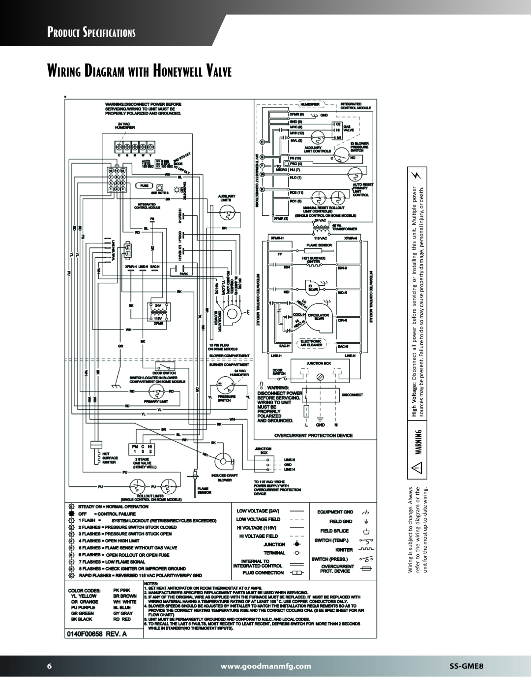Goodman Mfg SS-GME8 dimensions Wiring Diagram with Honeywell Valve, Product Specifications 