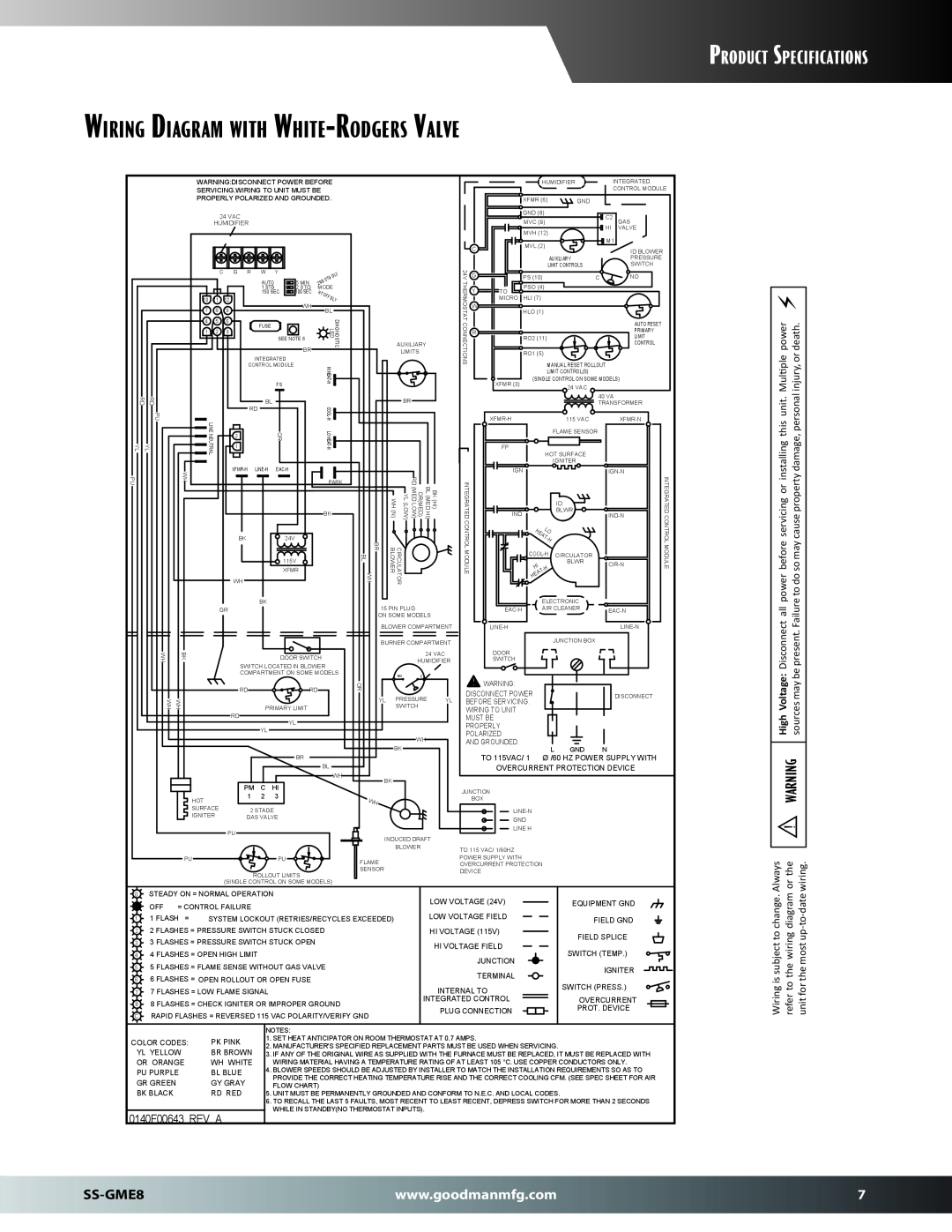Goodman Mfg SS-GME8 dimensions Product Specifications, Wiring Diagram with White-Rodgers Valve, 0140F00643 REV. A 