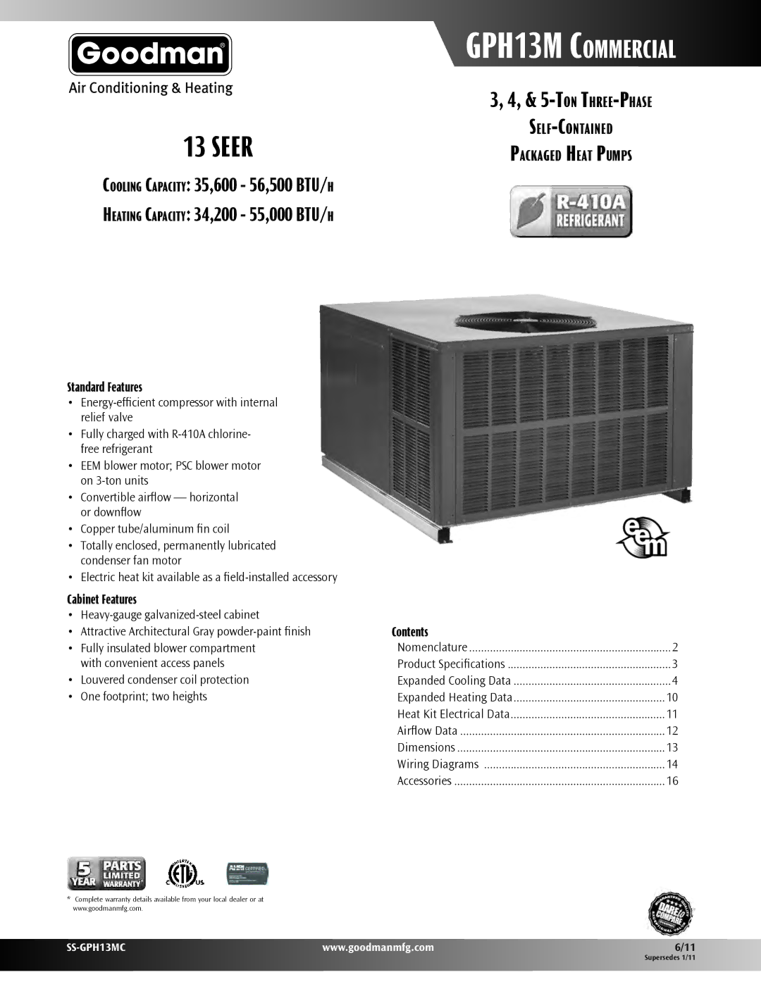 Goodman Mfg SS-GPH13MC warranty TonThree-Phase, Self-Contained Packaged Heat Pumps 