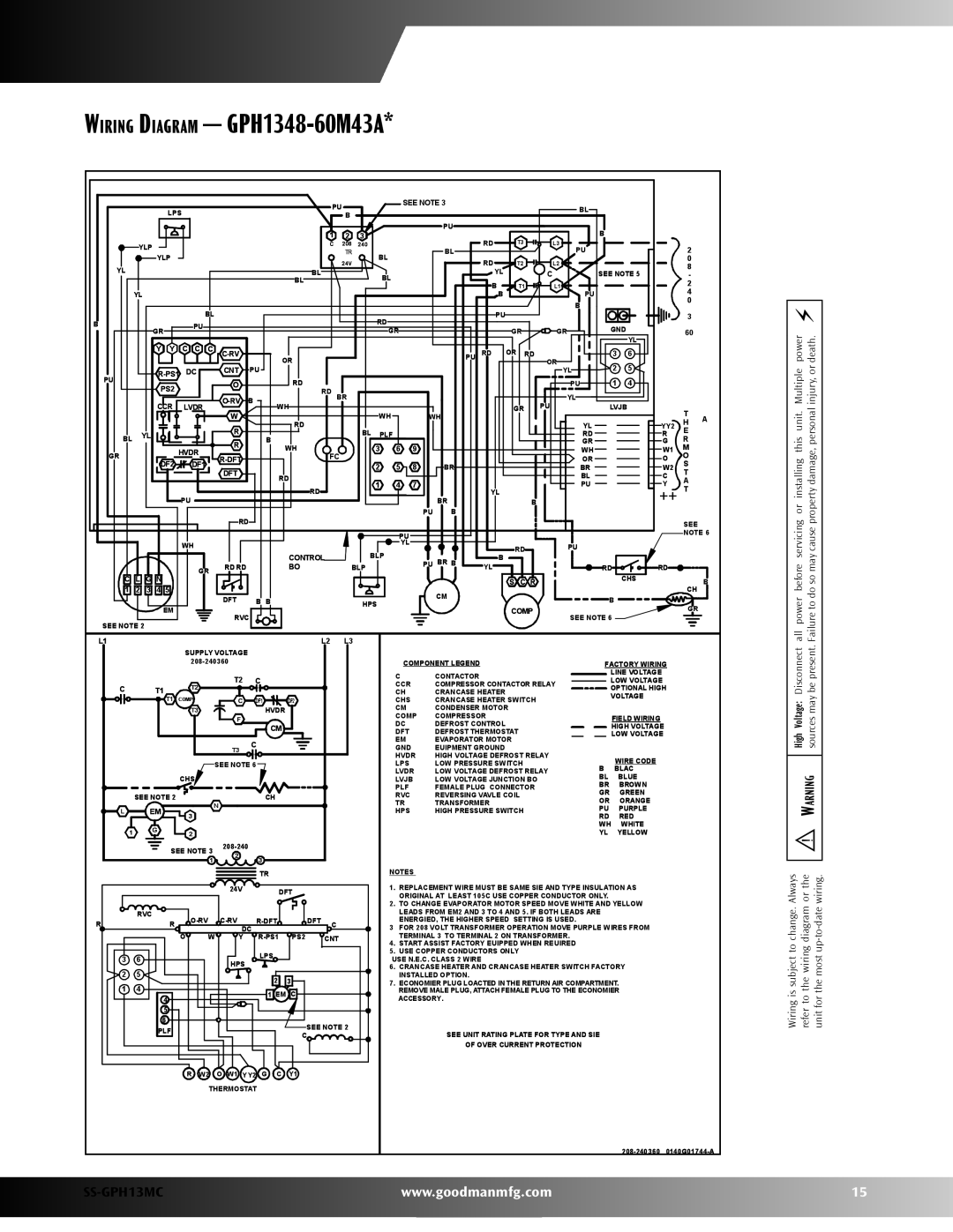 Goodman Mfg SS-GPH13MC warranty Wiring Diagram GPH1348-60M43A, See Note 