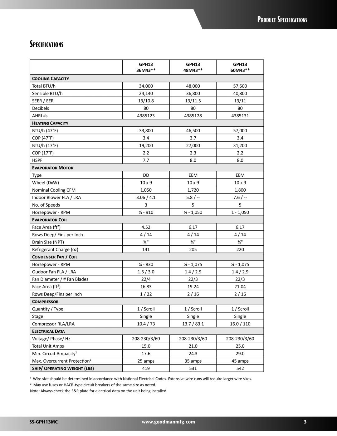 Goodman Mfg SS-GPH13MC warranty Specifications 