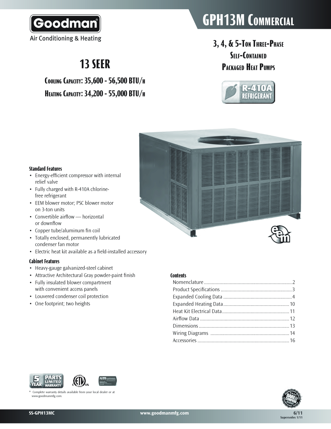Goodman Mfg SS-GPH13MC warranty 3, 4, & 5-Ton Three-Phase, Self-Contained Packaged Heat Pumps, Seer, GPH13M Commercial 