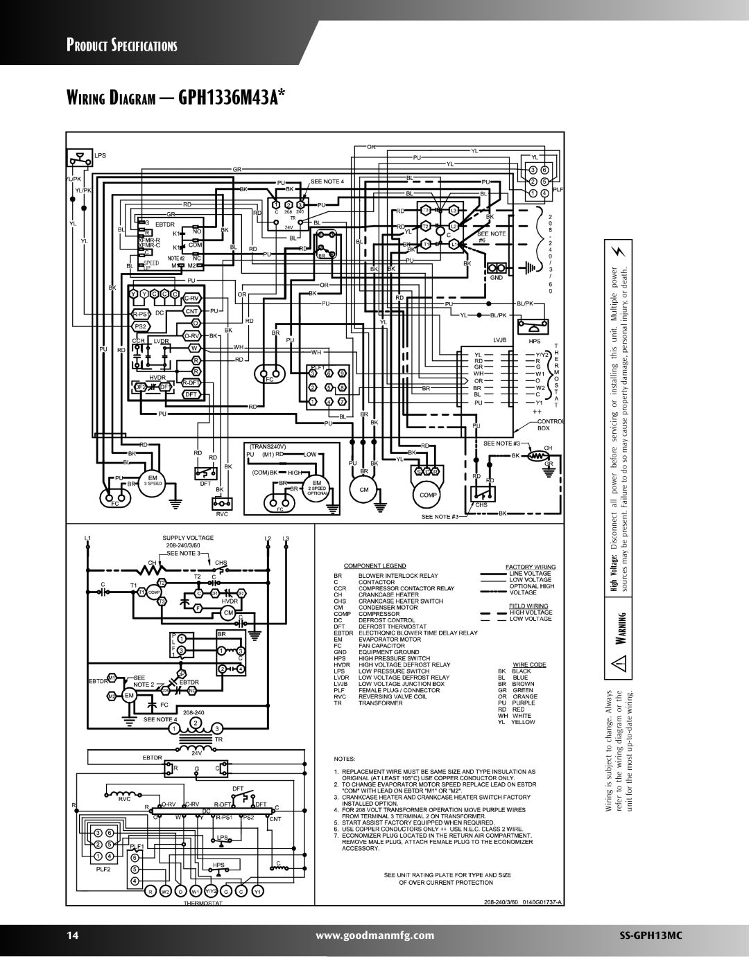 Goodman Mfg SS-GPH13MC warranty GPH1336M43A, Wiring, Product, Diagram, Specifications 