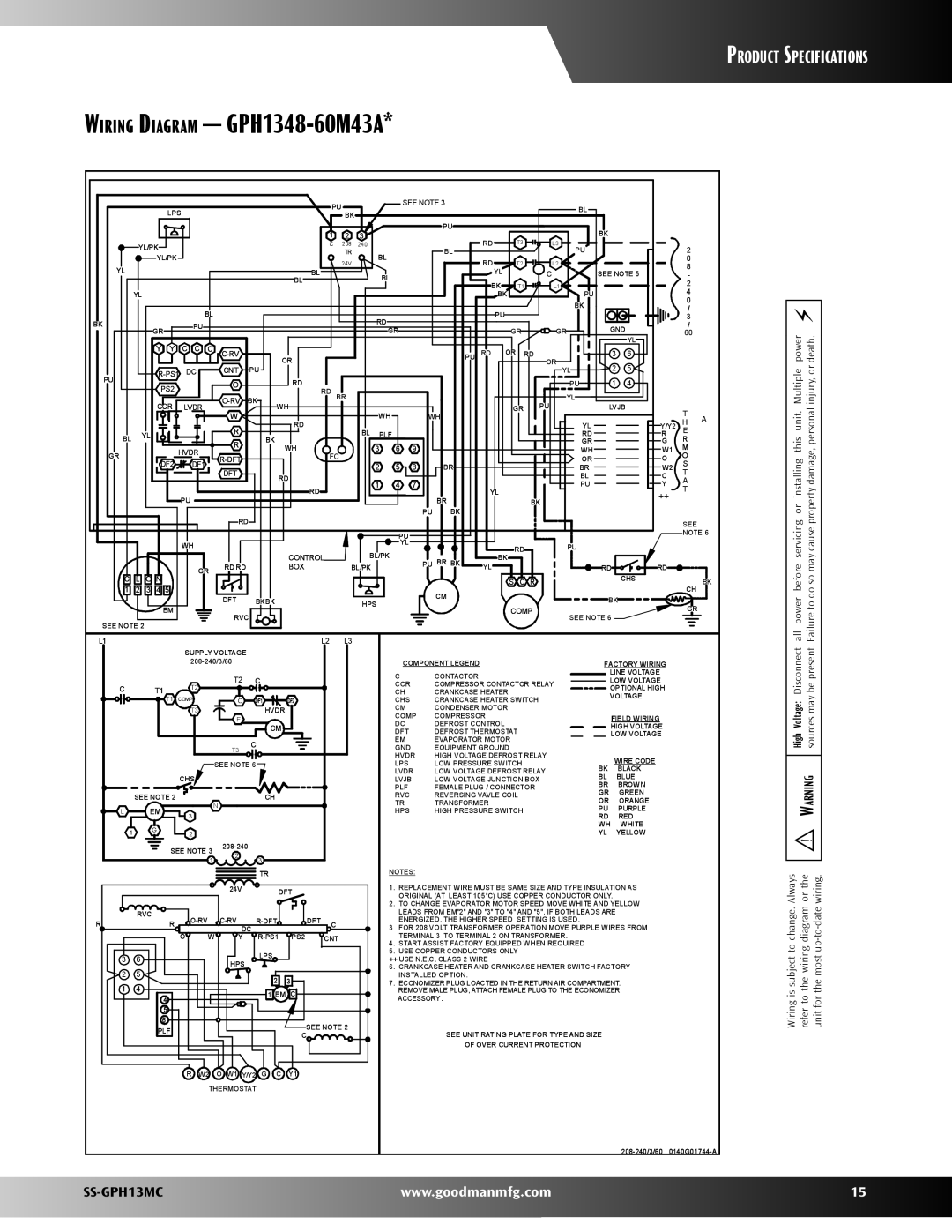 Goodman Mfg SS-GPH13MC warranty Wiring Diagram - GPH1348-60M43A, Product Specifications, High Voltage, See Note 
