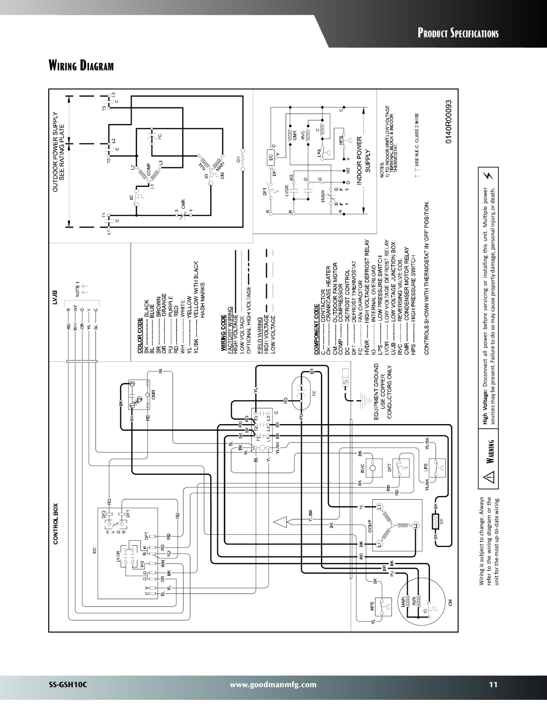 Goodman Mfg SS-GSH10C warranty Specifications 