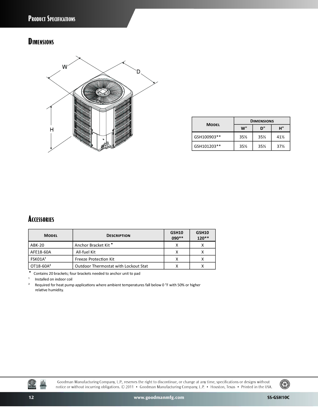 Goodman Mfg SS-GSH10C warranty Accessories, Model Dimensions, Model Description, 090 120 