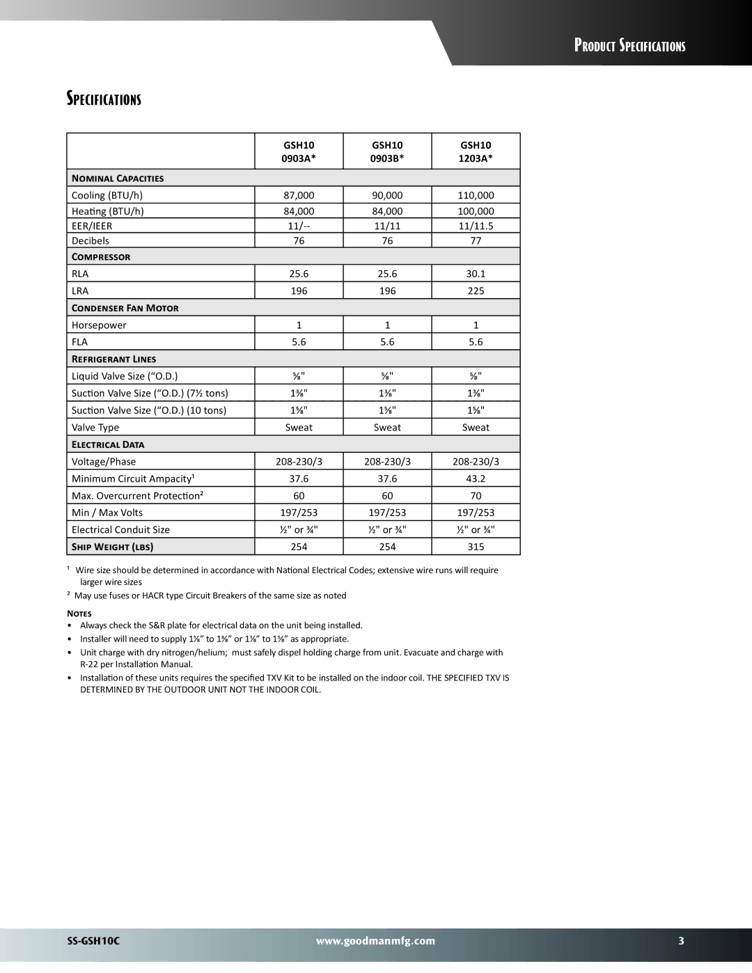 Goodman Mfg SS-GSH10C warranty Specifications 