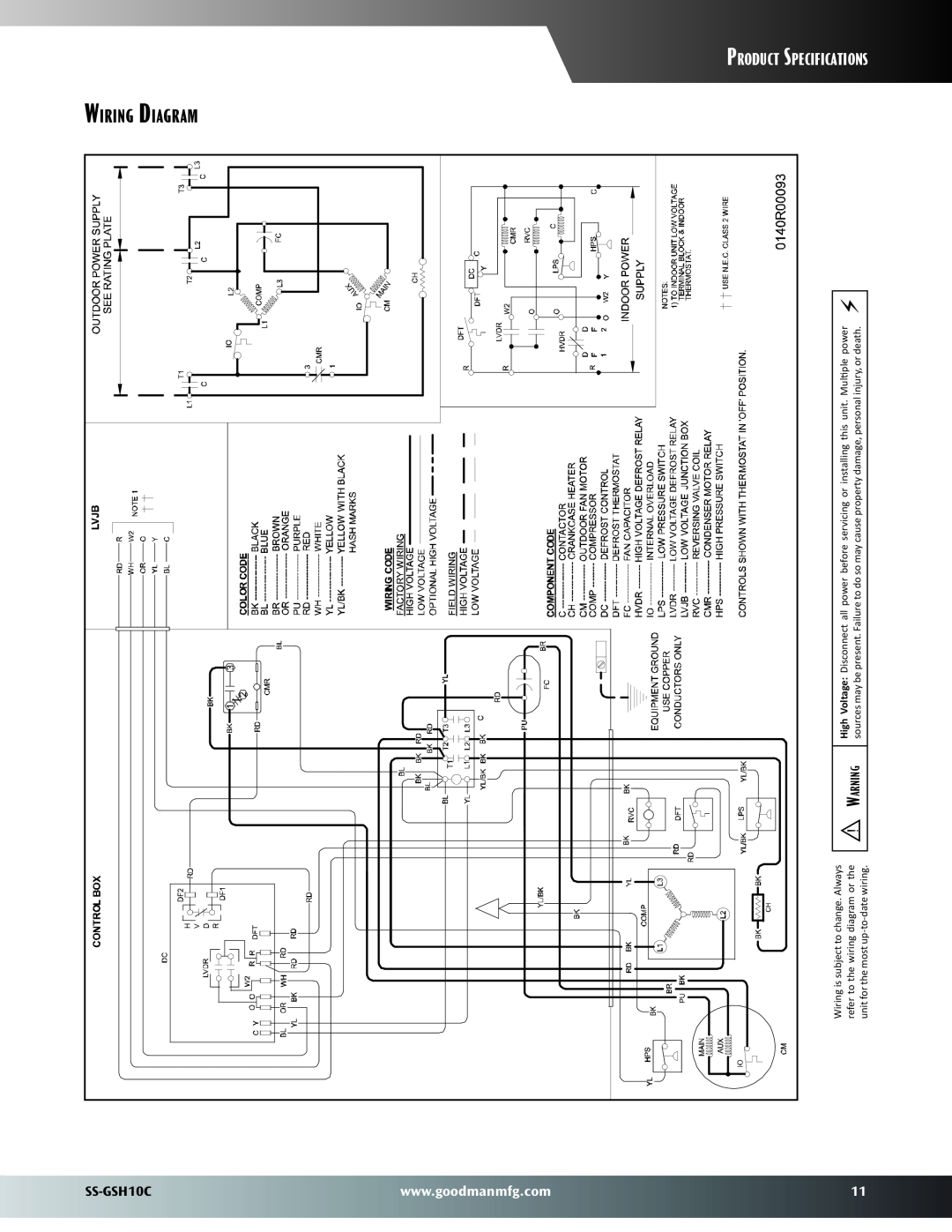 Goodman Mfg SS-GSH10C warranty Specifications, Diagram, Product, Wiring is subject to change. Always 