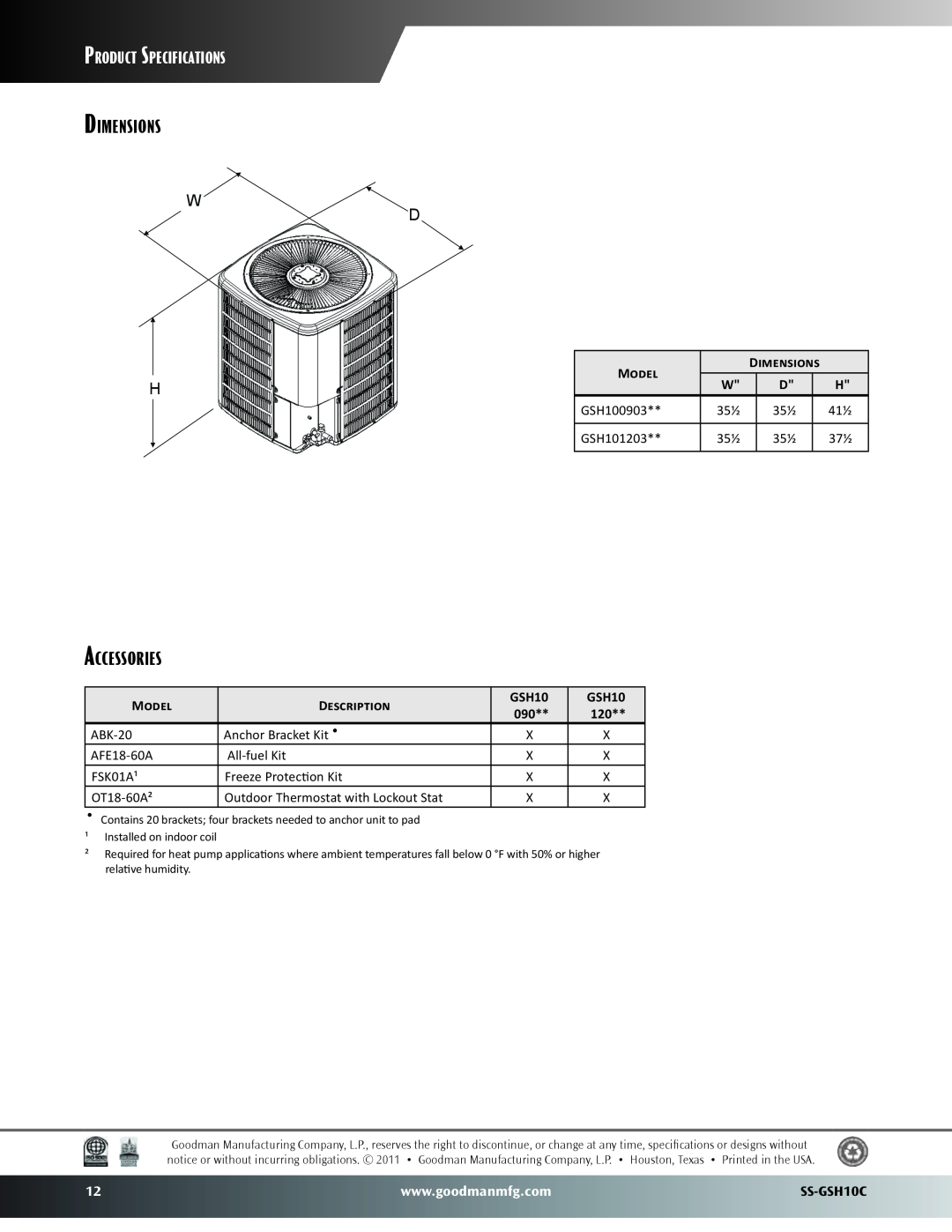 Goodman Mfg SS-GSH10C warranty Dimensions, Accessories, Product Specifications, Model, Description 