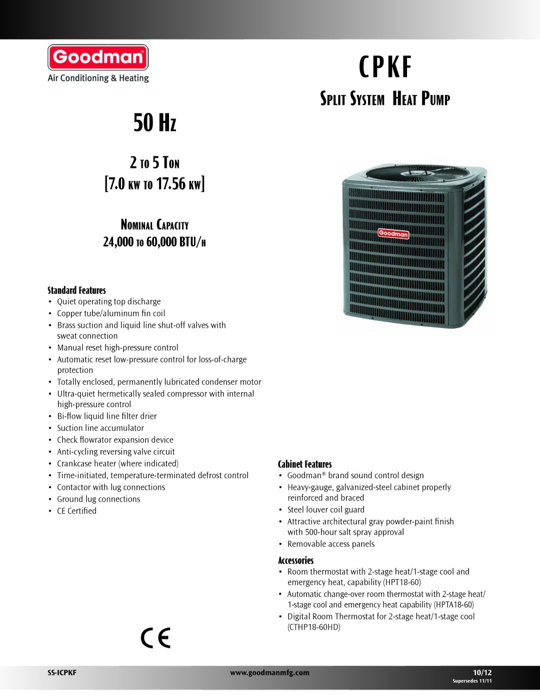 Goodman Mfg CPKF Split System Heat Pump, SS-ICPKF manual 24,000 to 60,000 BTU/h, Nominal Capacity 