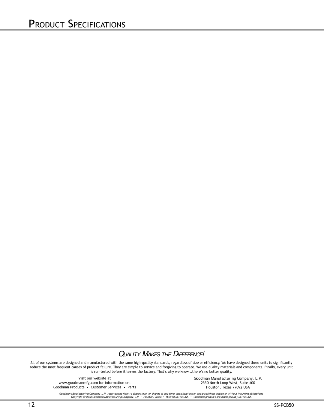Goodman Mfg SS-PCB50 specifications Quality Makes the Difference 