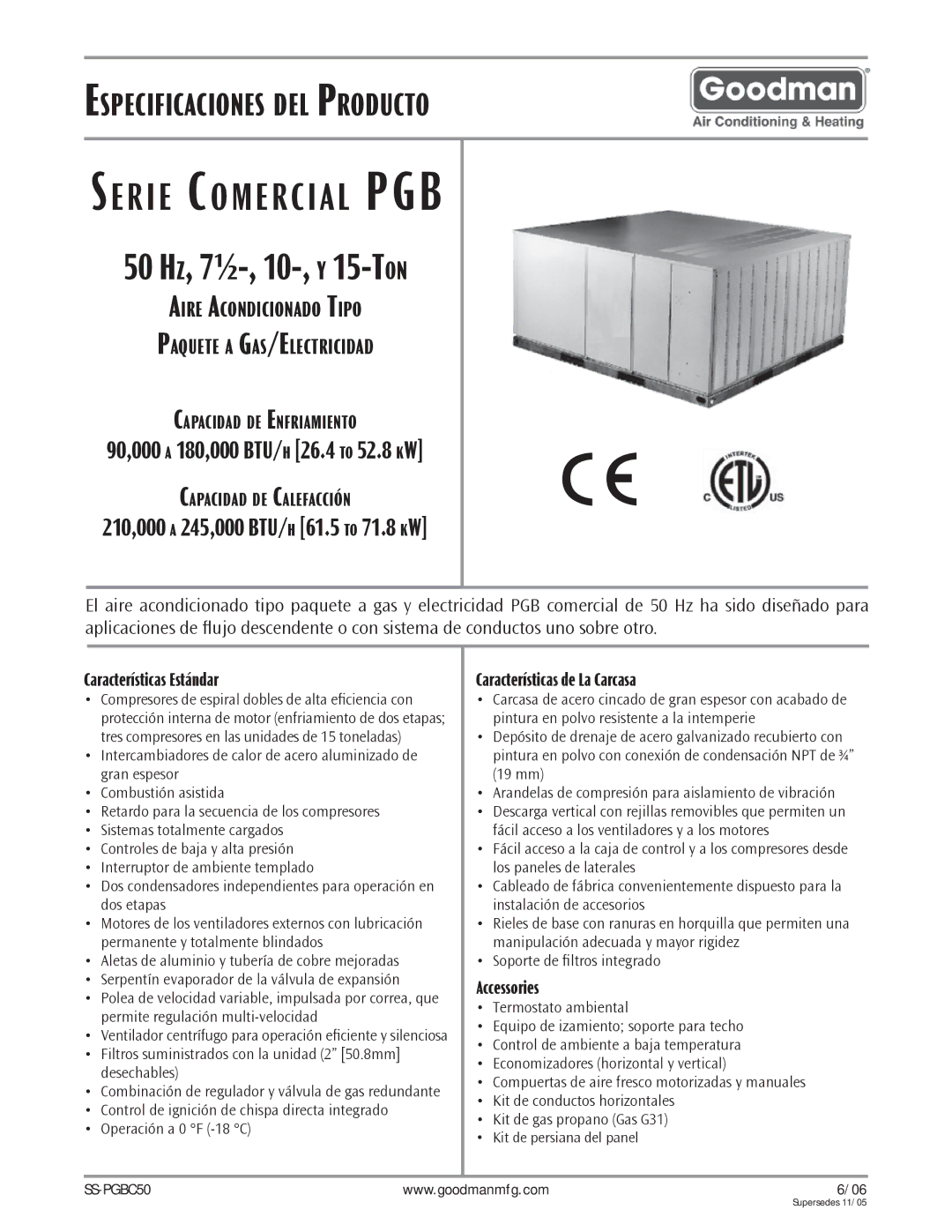 Goodman Mfg SS-PGBC50 manual Serie Comercial PGB 